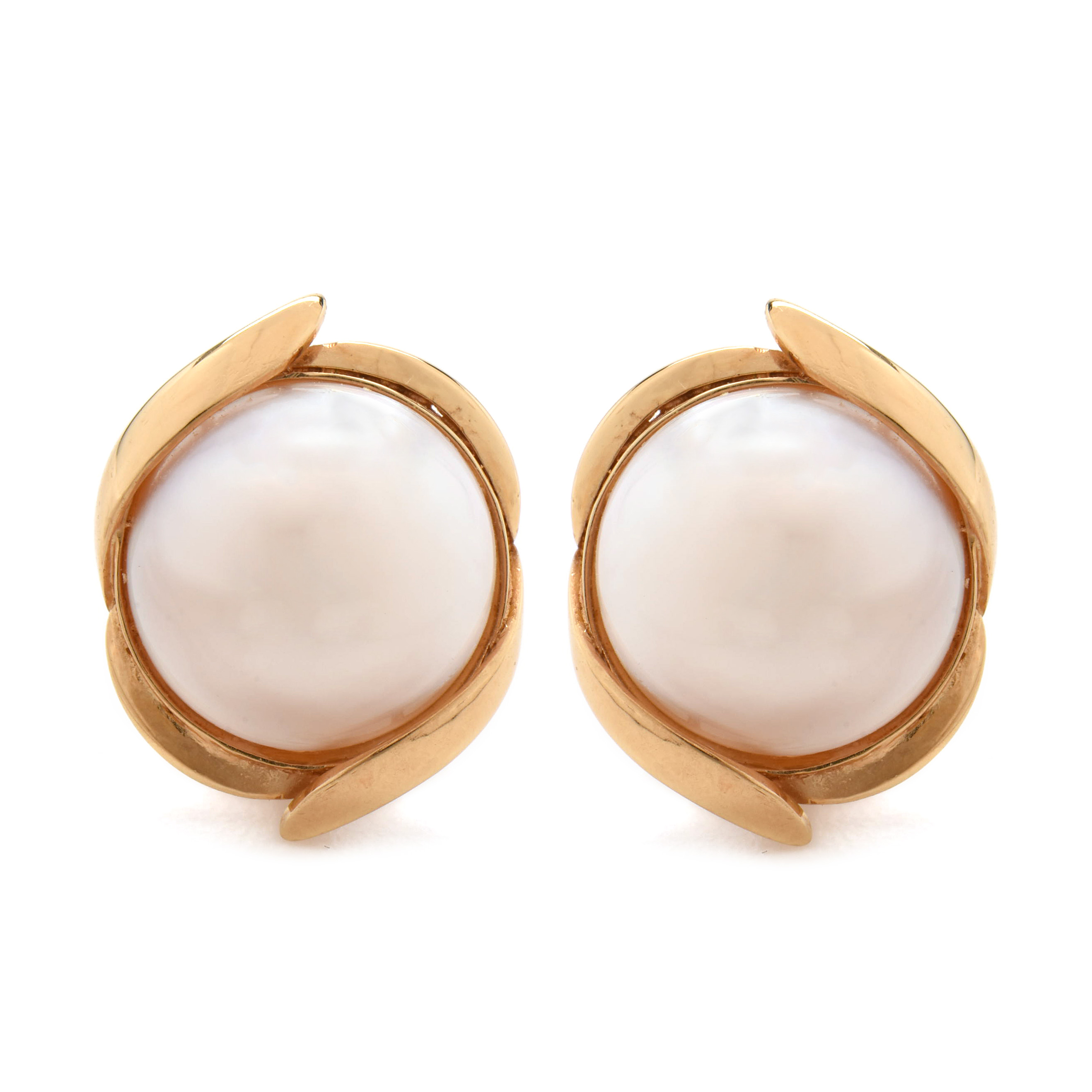14K Yellow Gold Cultured Mabe Pearl Omega Back Earrings