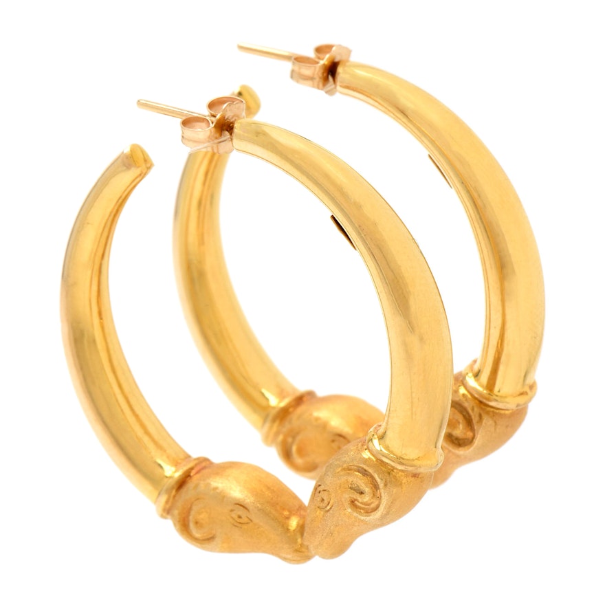 14K Yellow Gold Ram Motif Hoop Earrings