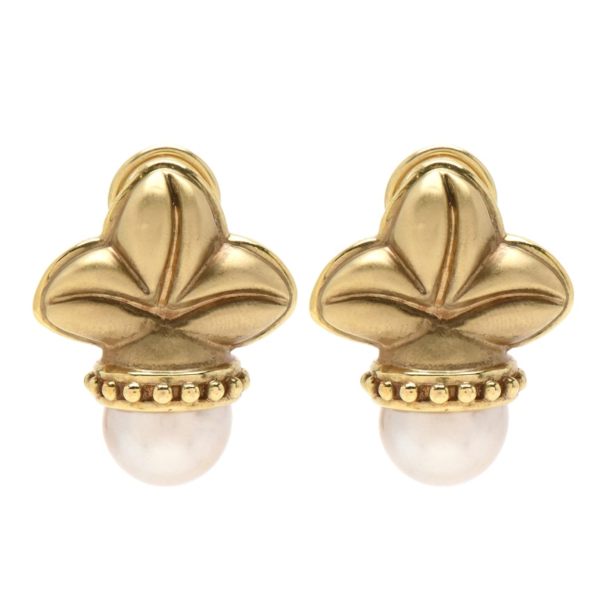 14K Yellow Gold Cultured Pearl Leaf Motif Drop Earrings