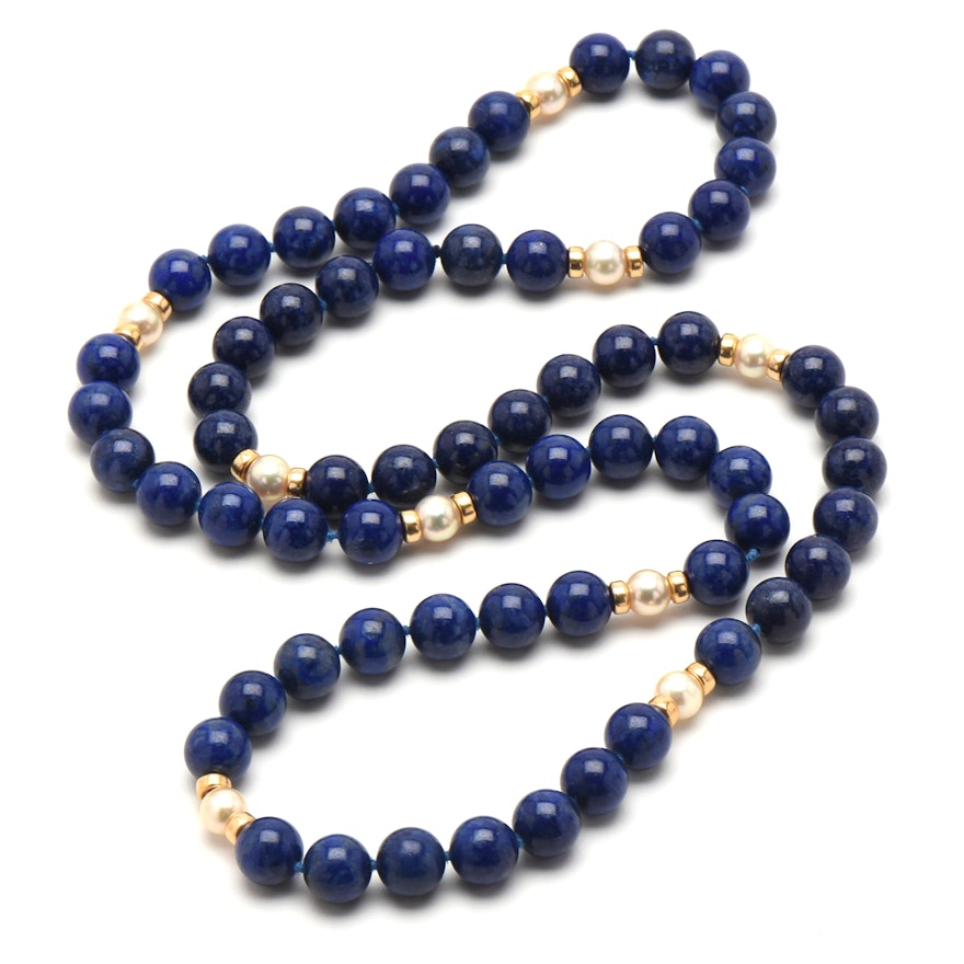 14K Yellow Gold Lapis Lazuli and Cultured Pearl Beaded Endless Necklace