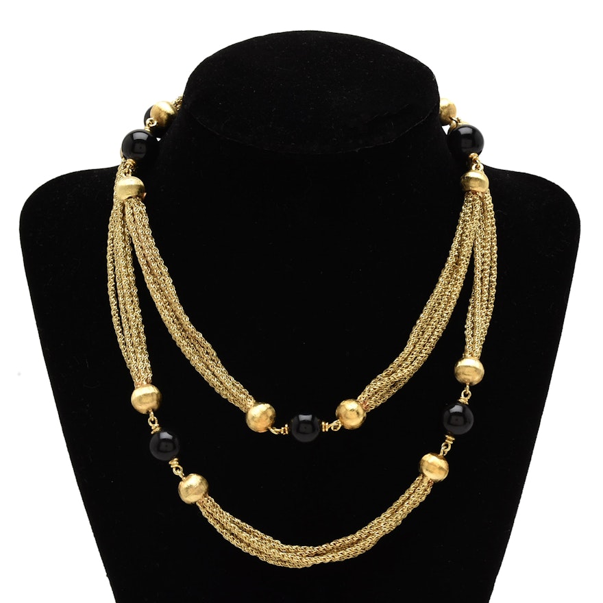 German 14K Yellow Gold Black Onyx Beaded Five-Strand Endless Necklace