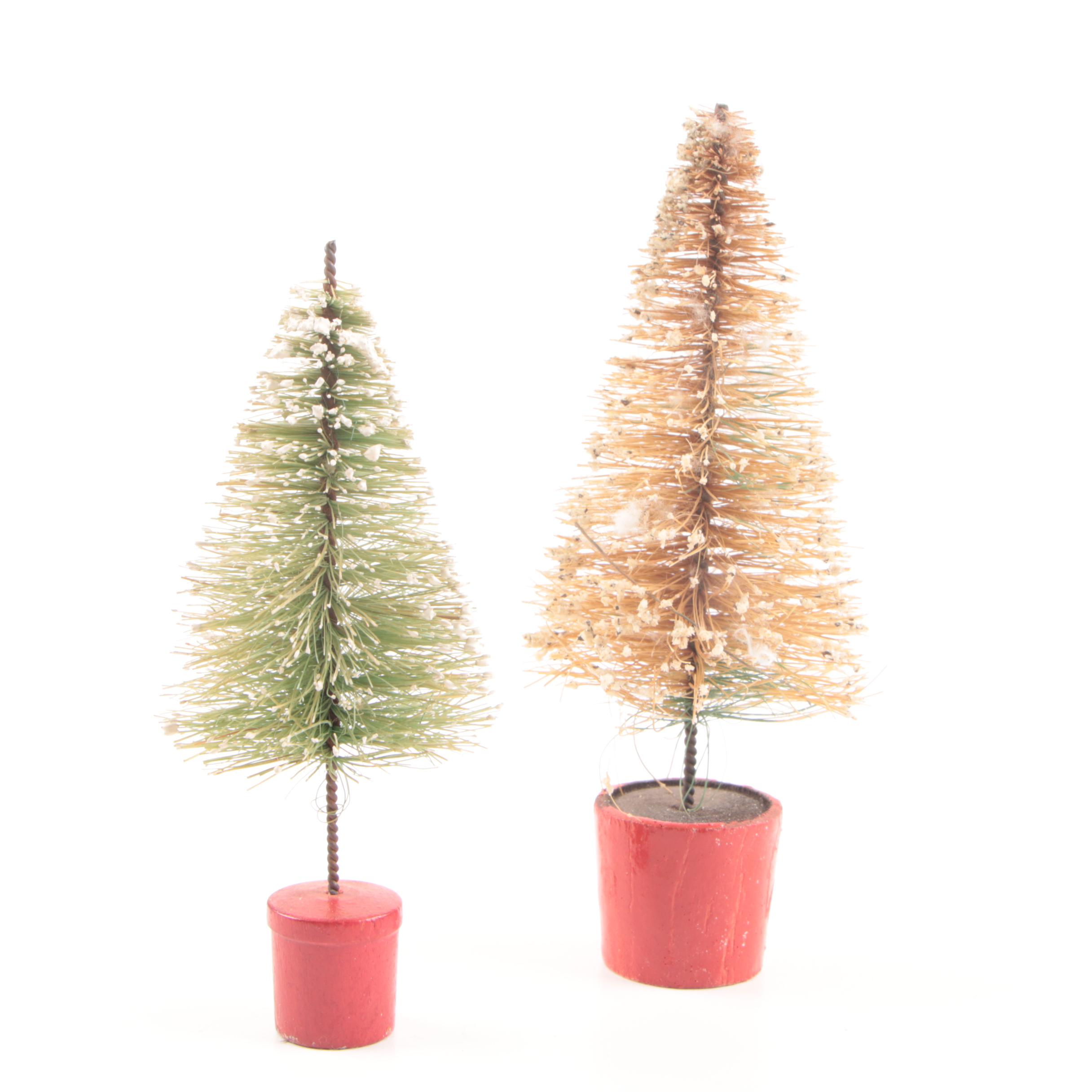 Collection of Seven Vintage Miniature Flocked Bottle Brush Christmas Trees