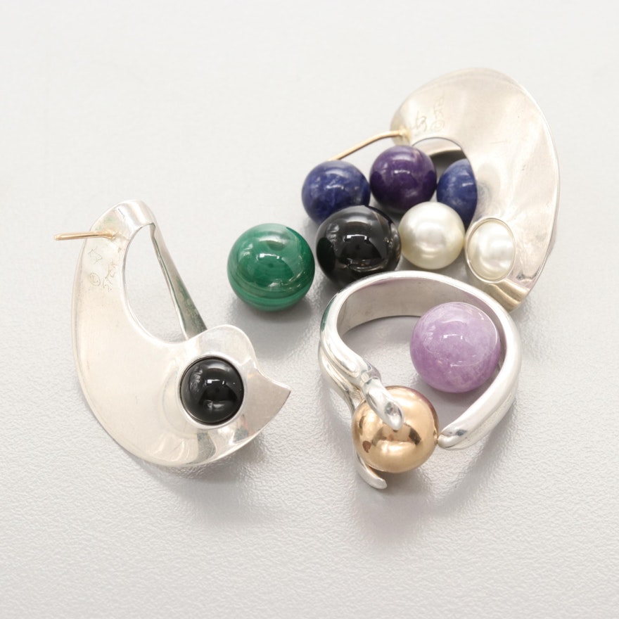 Modernist Sterling Silver Imitation Pearl, Black Onyx and Malachite Jewelry