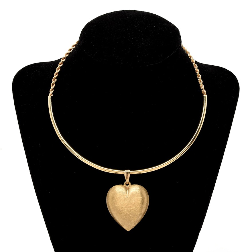 14K Yellow Gold Puffy Heart Pendant with Tubular and Robe Chain Choker Necklace