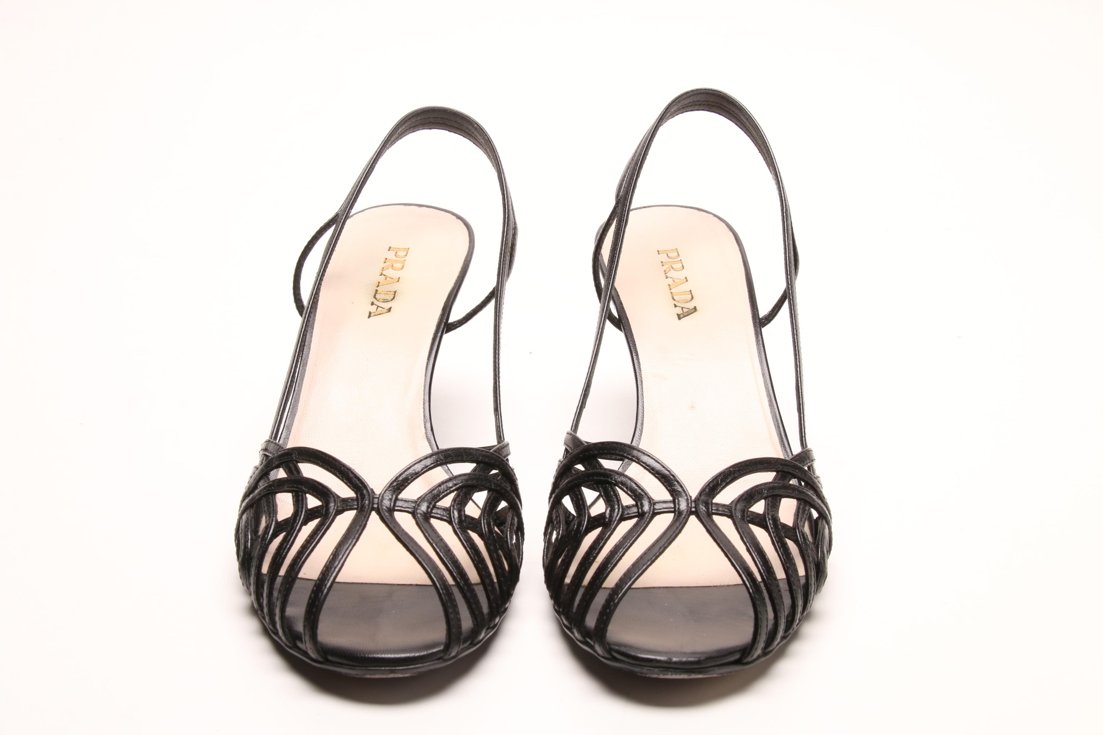 Prada Black Leather Slingback Heeled Sandals