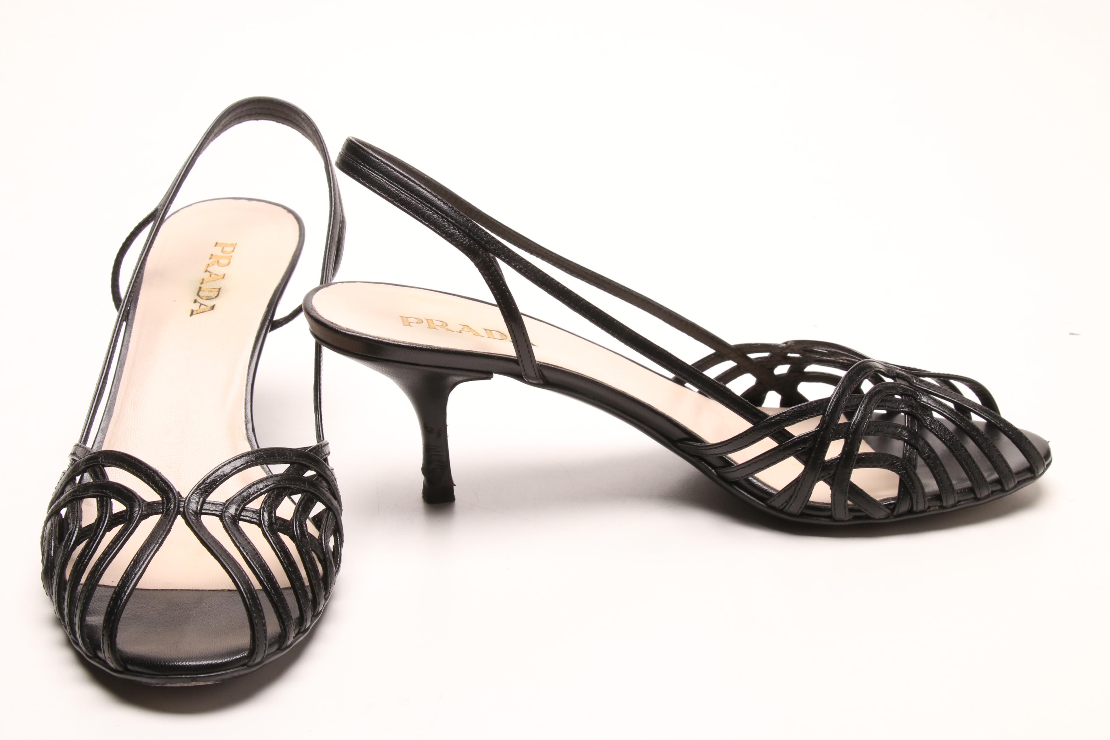 Prada Black Leather Slingback Heeled Sandals