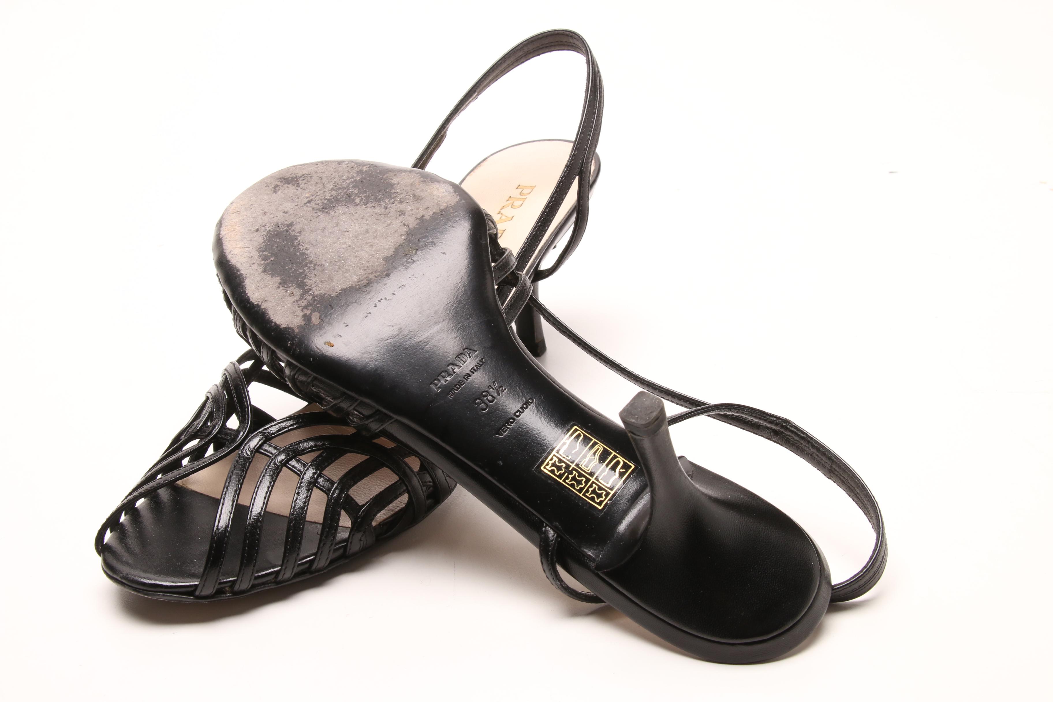 Prada Black Leather Slingback Heeled Sandals