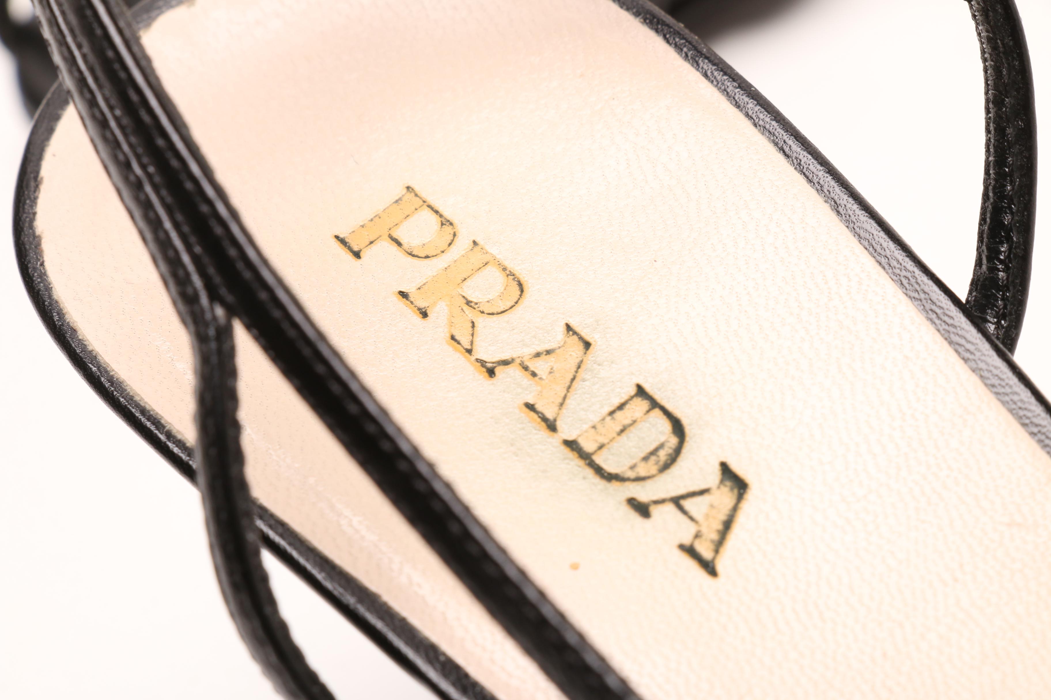 Prada Black Leather Slingback Heeled Sandals