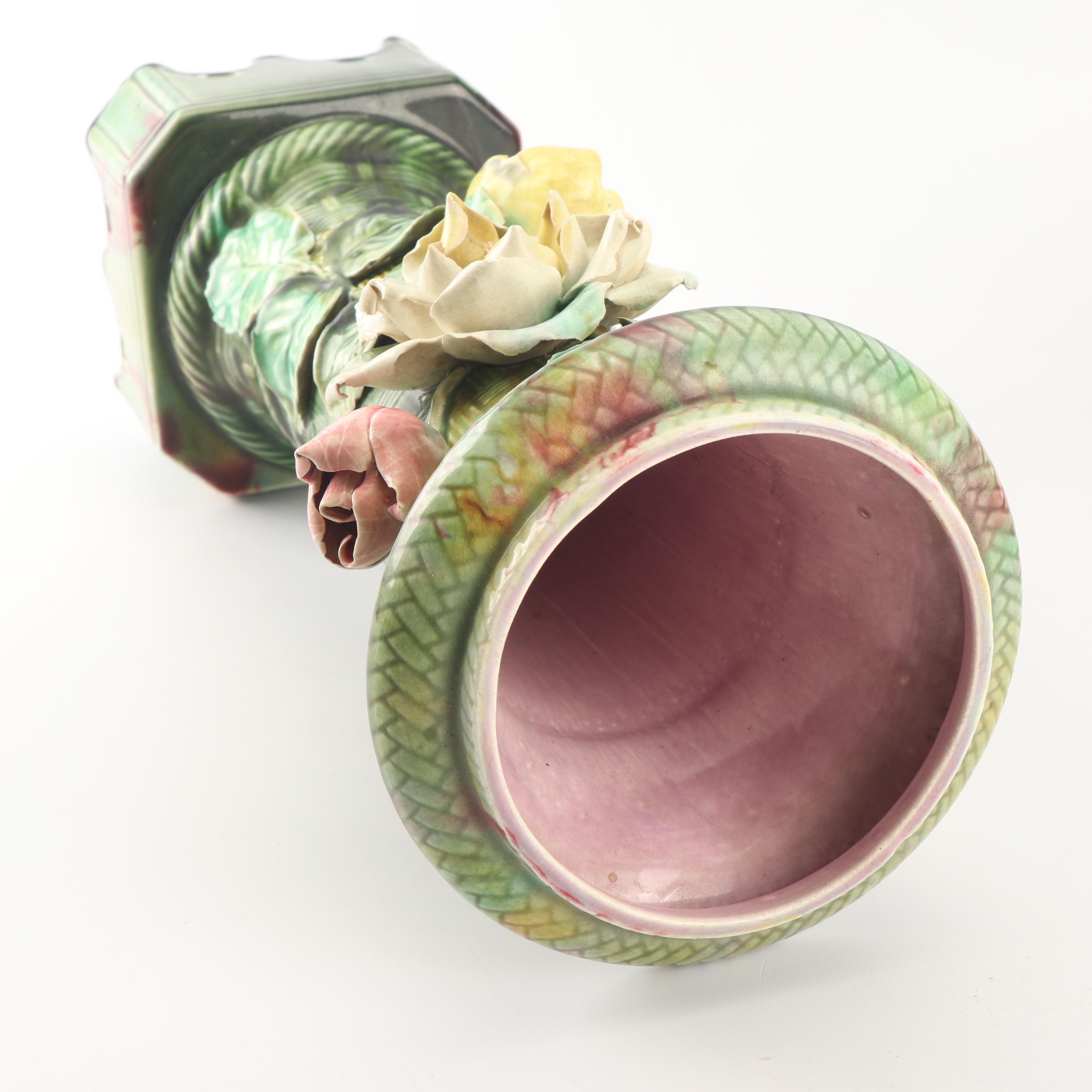 Majolica Turret Shaped Vases with Applied Roses