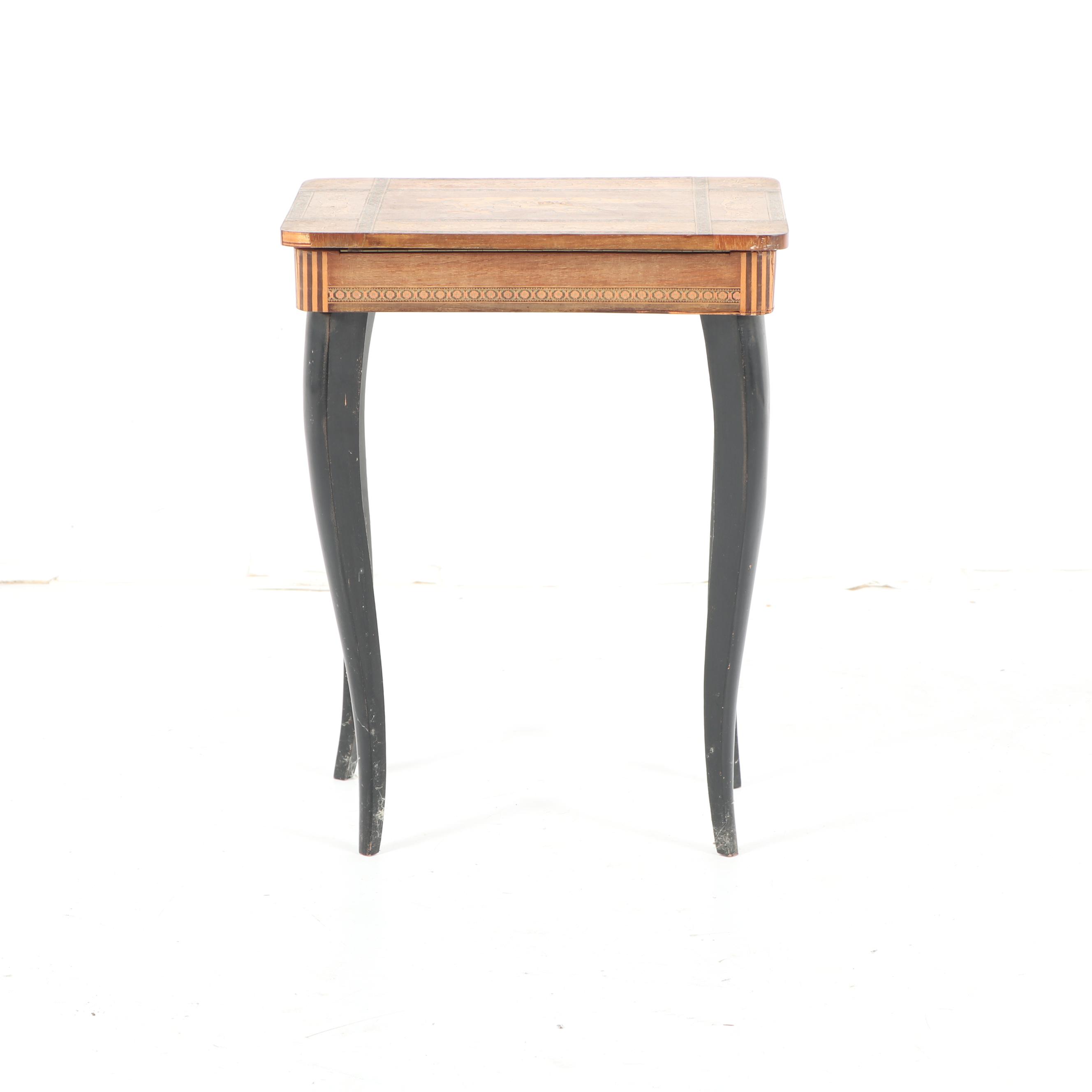 Mixed Woods Marquetry Diminutive Table Music Box by Thorens, 20th Century