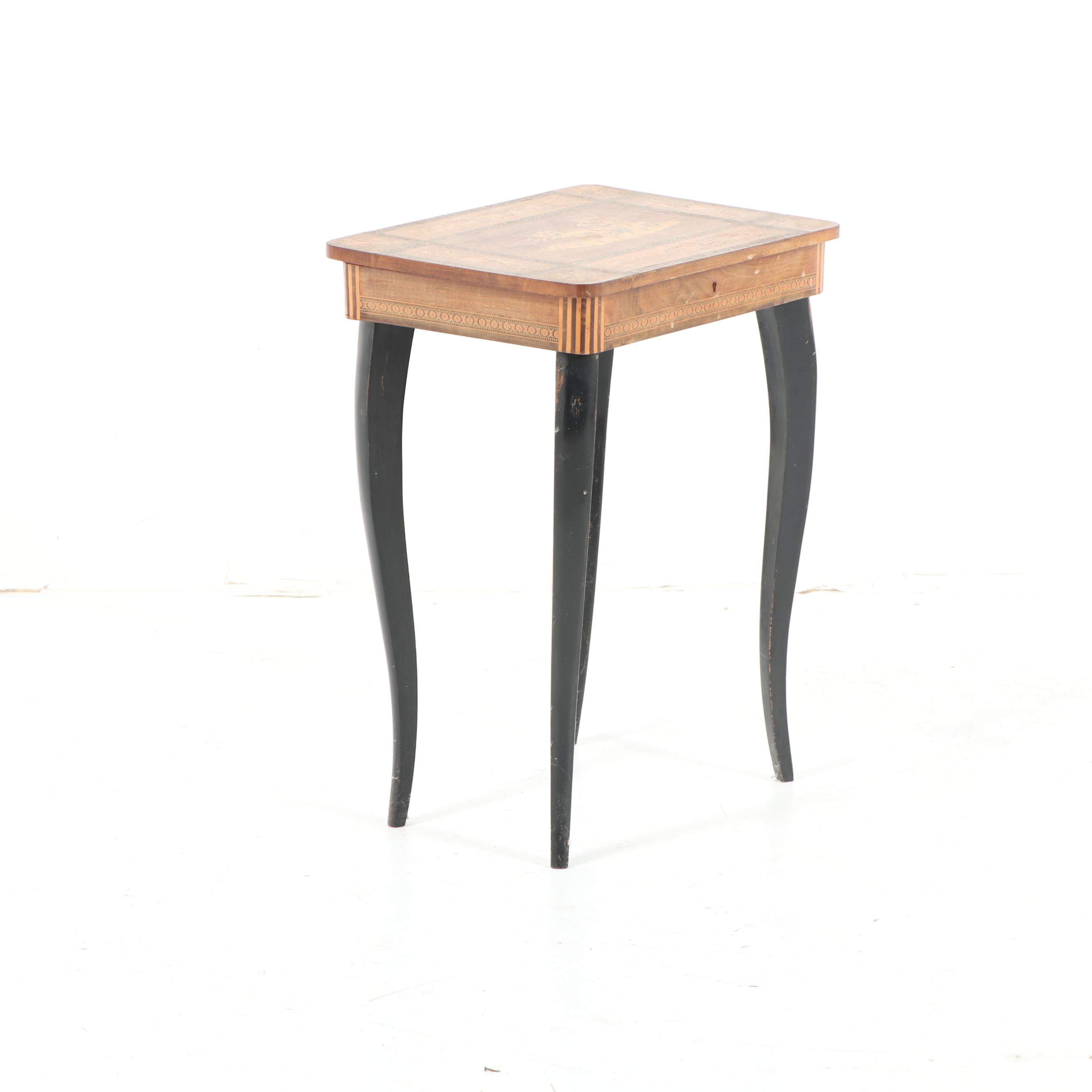 Mixed Woods Marquetry Diminutive Table Music Box by Thorens, 20th Century