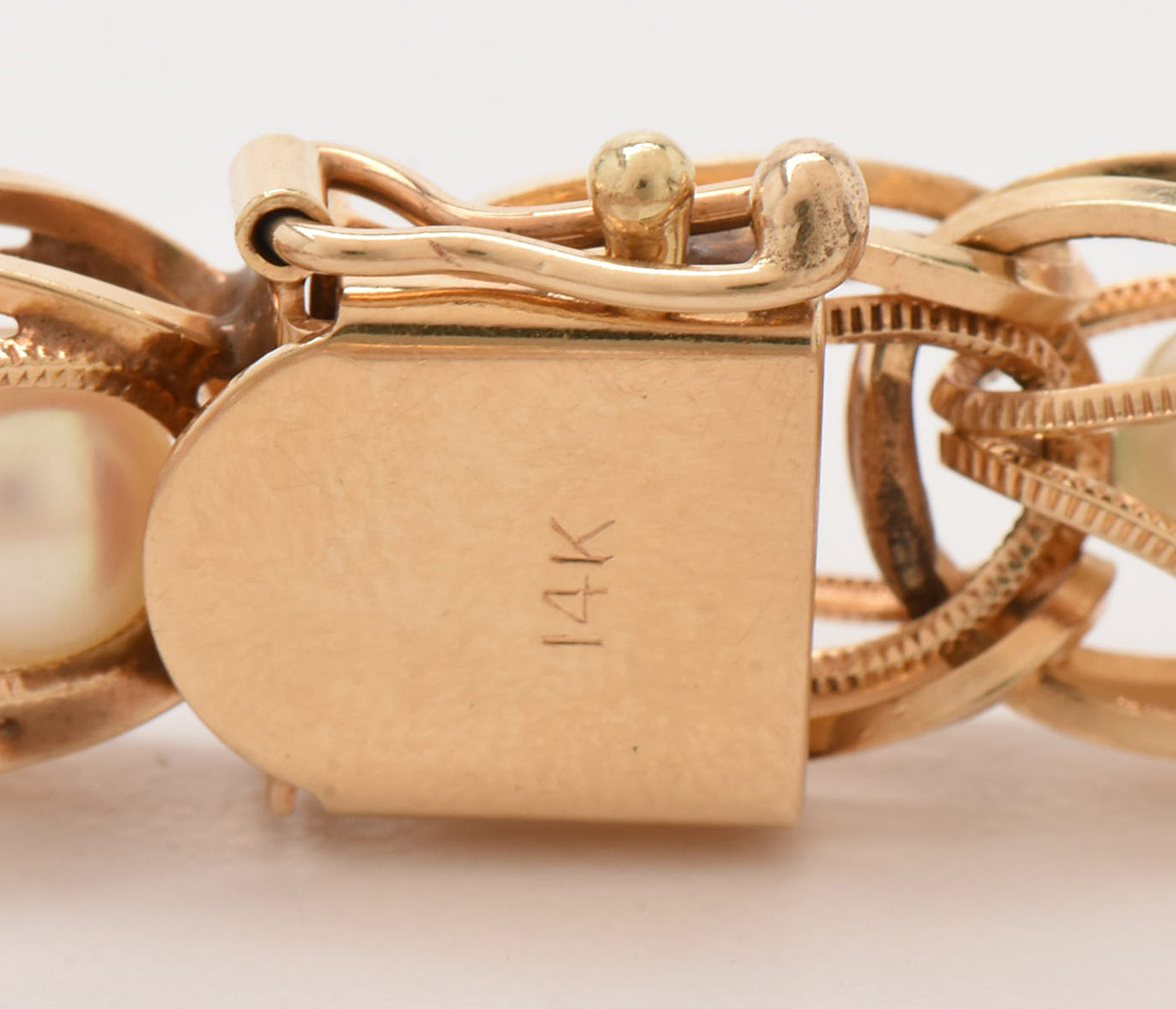 1950s 14K Yellow Gold Cultured Pearl Fancy Link Bracelet