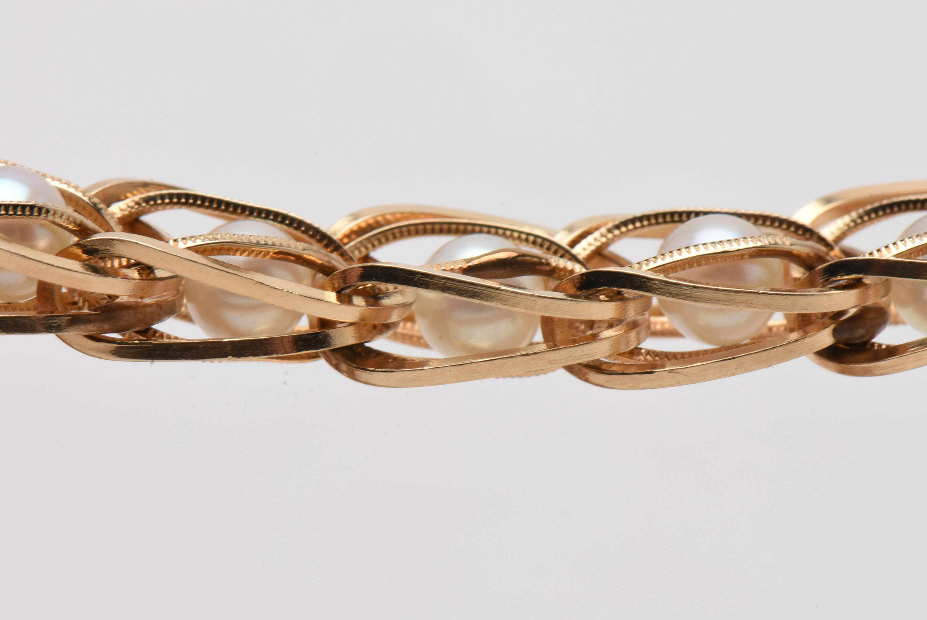 1950s 14K Yellow Gold Cultured Pearl Fancy Link Bracelet
