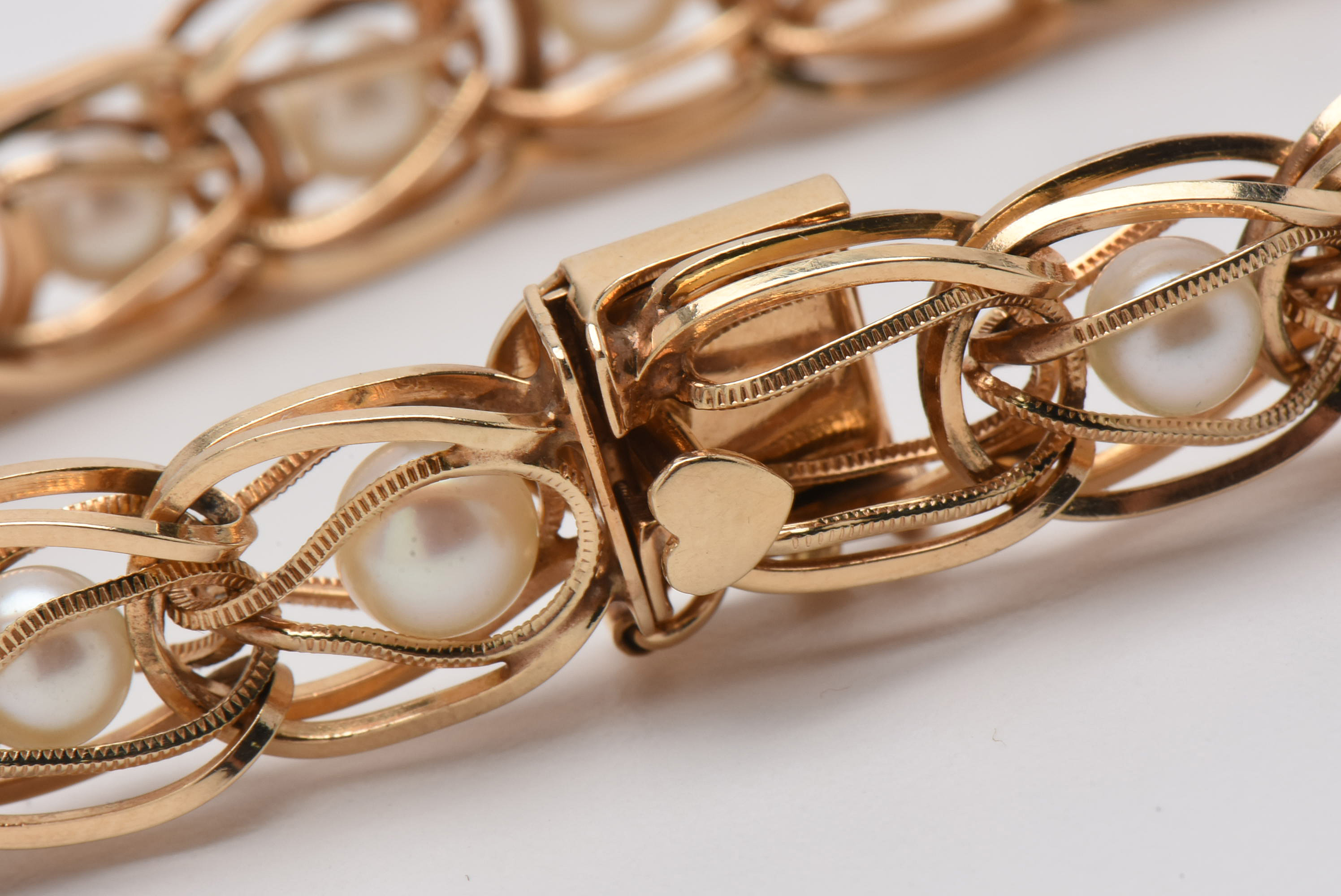 1950s 14K Yellow Gold Cultured Pearl Fancy Link Bracelet