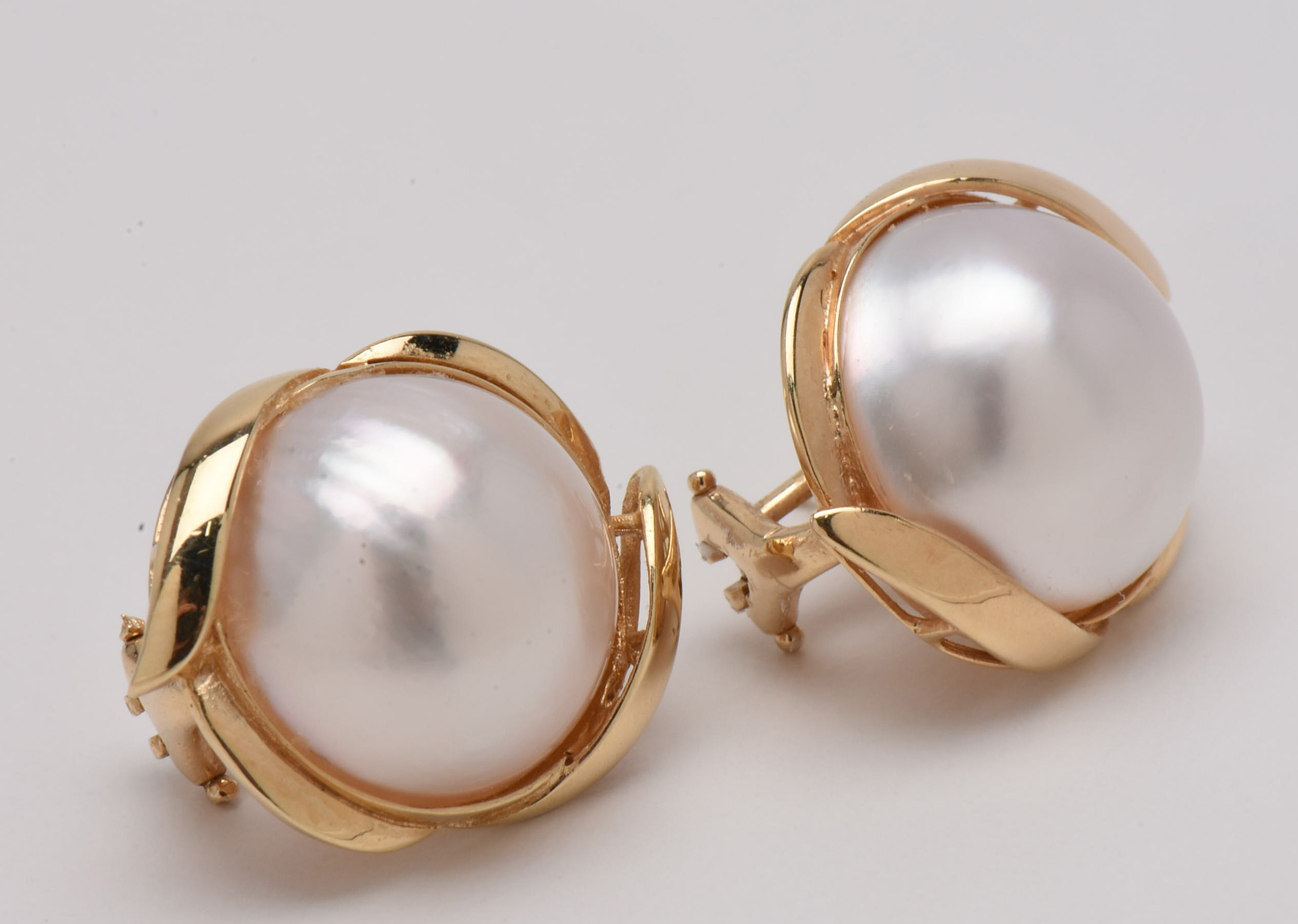 14K Yellow Gold Cultured Mabe Pearl Omega Back Earrings