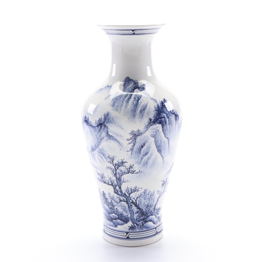 Chinese Blue and White Hand-Painted Scenic Vase