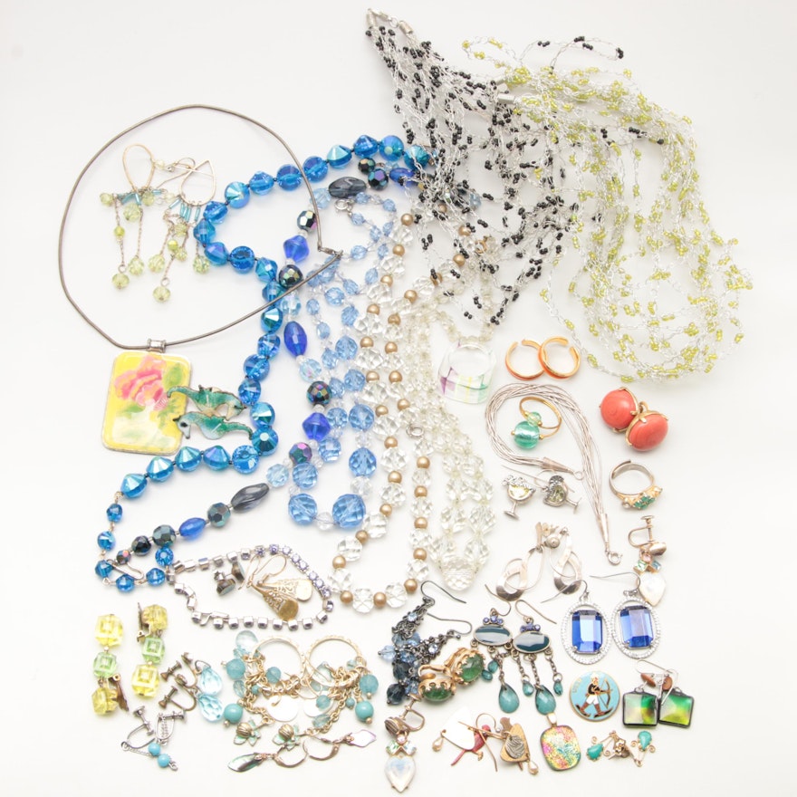Assortment of Sterling Silver and Costume Glass, Plastic and Enamel Jewelry