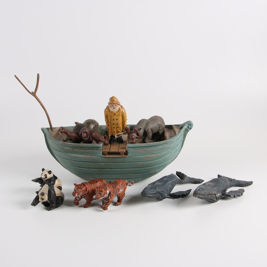 Carved Wood Limited Edition Fisherman with Boat and Animal Figurines