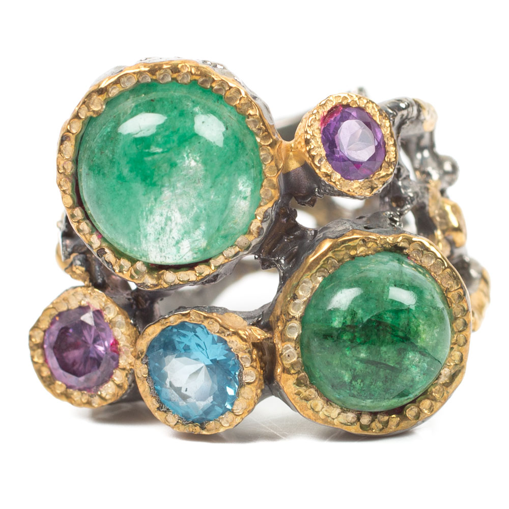 Sterling 6.27 CTW Emerald, Blue Topaz and Amethyst Ring with Gold Wash Bezels