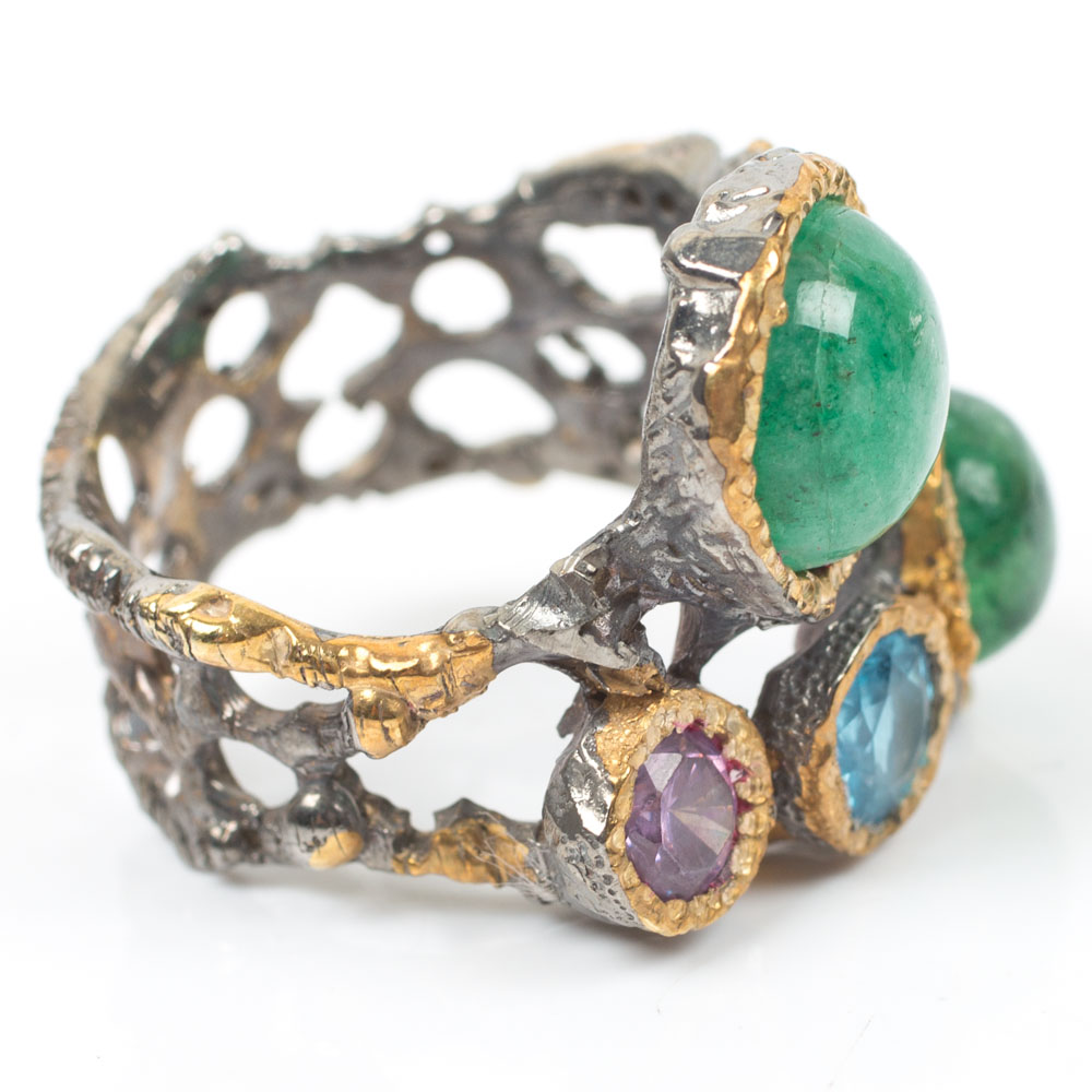 Sterling 6.27 CTW Emerald, Blue Topaz and Amethyst Ring with Gold Wash Bezels