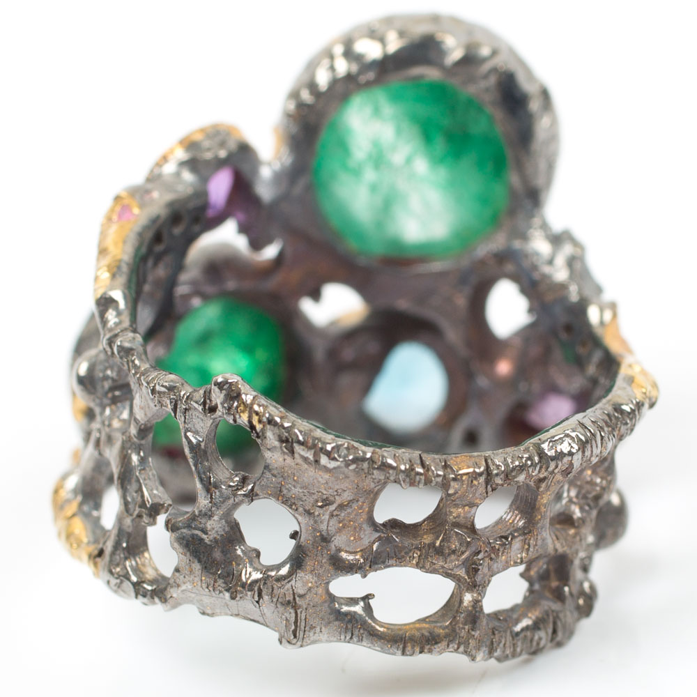 Sterling 6.27 CTW Emerald, Blue Topaz and Amethyst Ring with Gold Wash Bezels