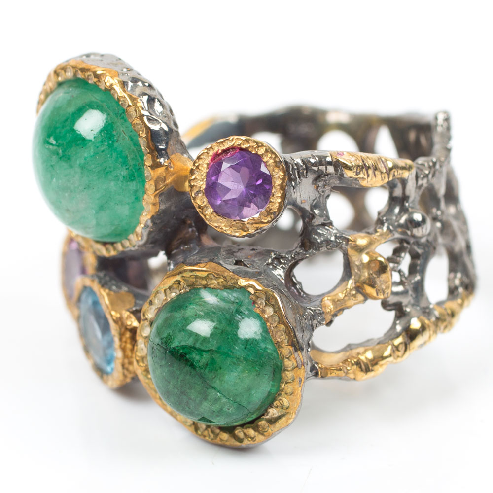 Sterling 6.27 CTW Emerald, Blue Topaz and Amethyst Ring with Gold Wash Bezels