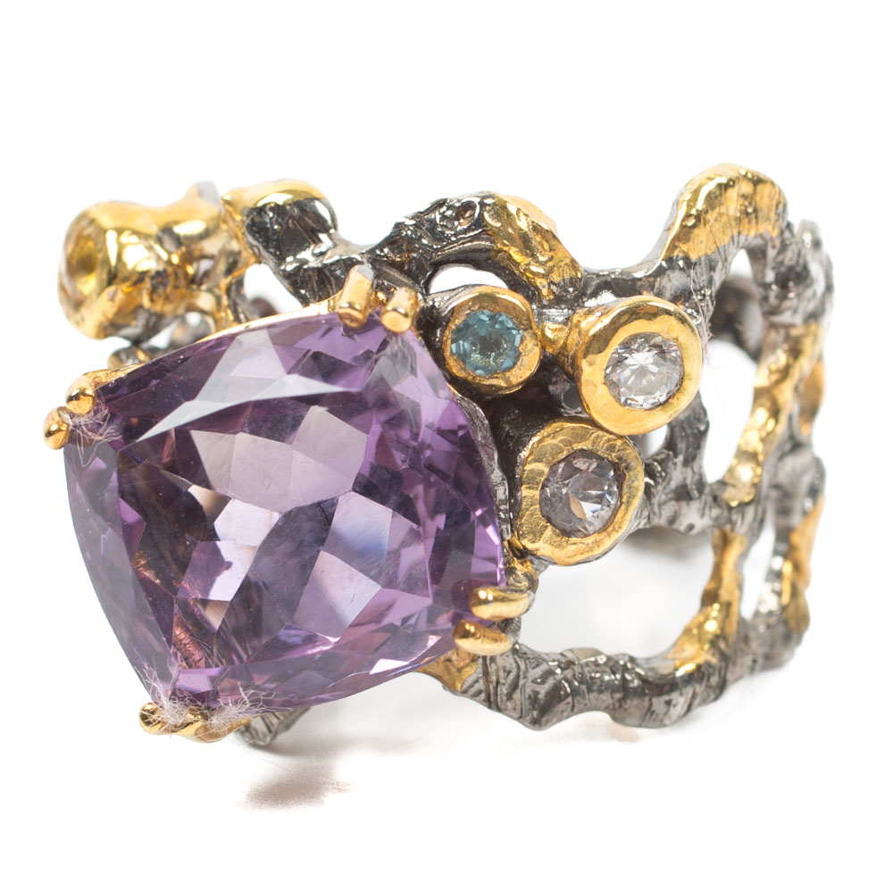 Sterling 7.62 CTW Amethyst, Topaz, Sapphire and Cubic Zirconia Ring