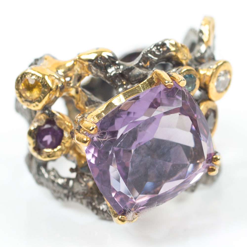 Sterling 7.62 CTW Amethyst, Topaz, Sapphire and Cubic Zirconia Ring