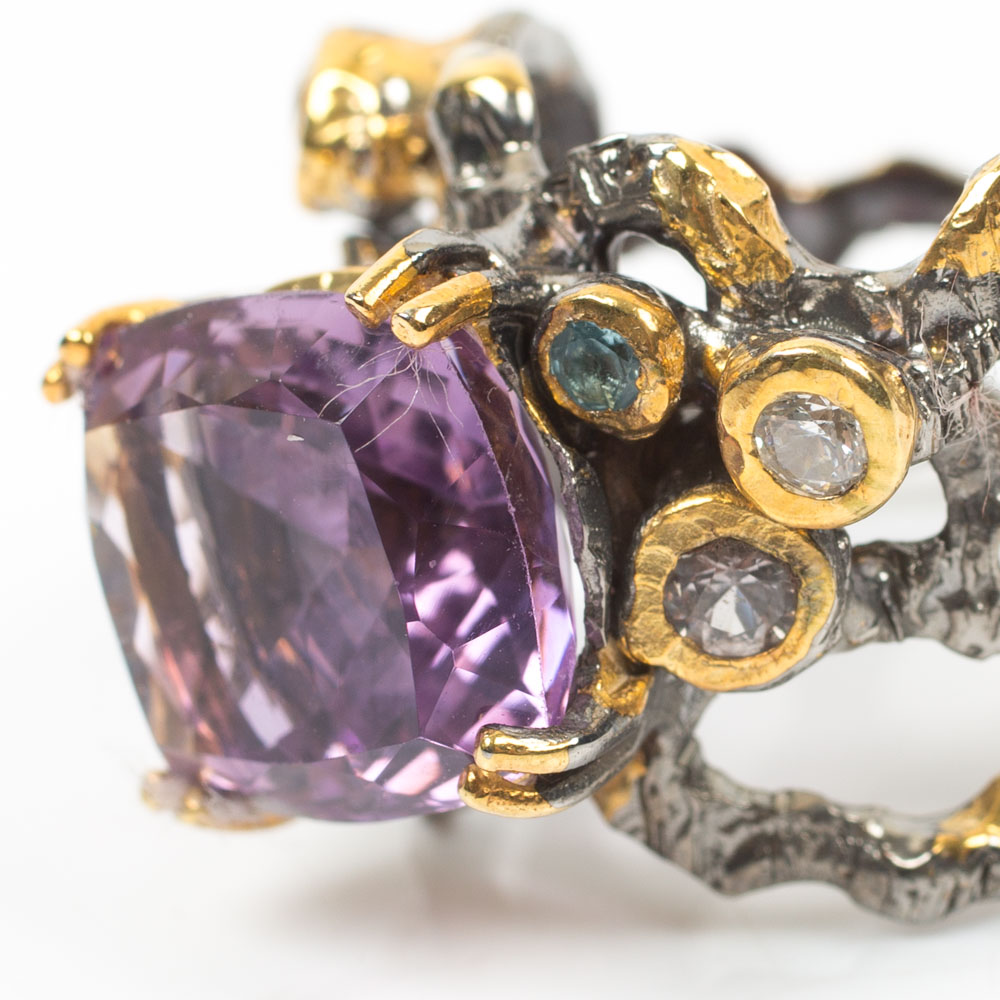 Sterling 7.62 CTW Amethyst, Topaz, Sapphire and Cubic Zirconia Ring