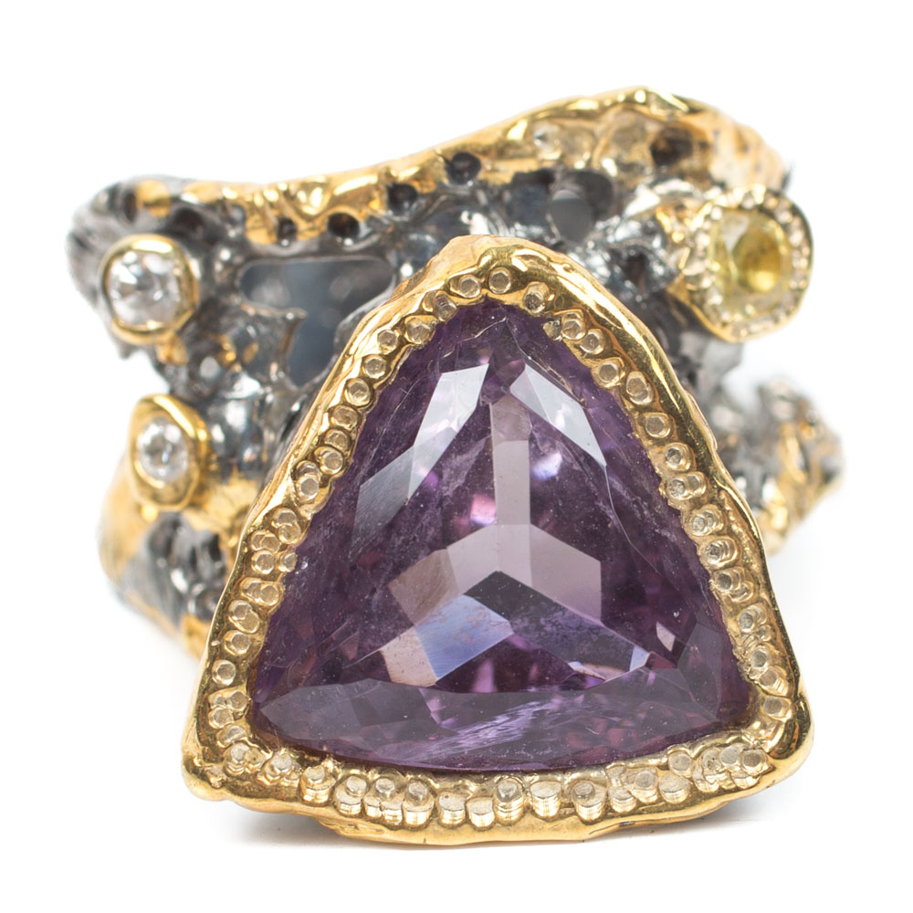 Sterling 6.45 CT Amethyst, Sapphire, Topaz and Cubic Zirconia Ring