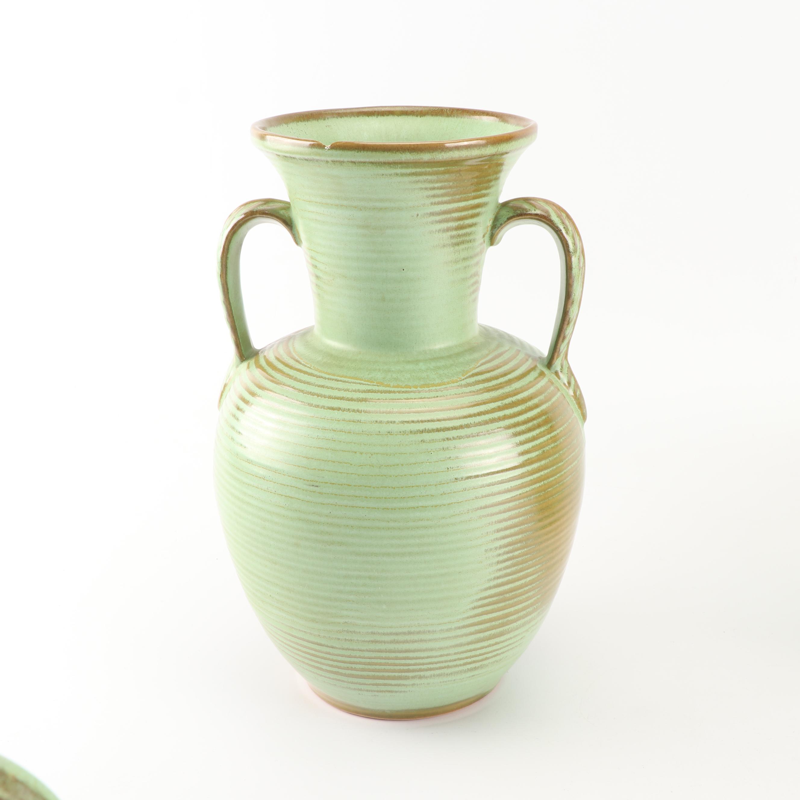 Frankoma Pottery "Prairie Green" Teapot, Pitcher, Cup, and Vase