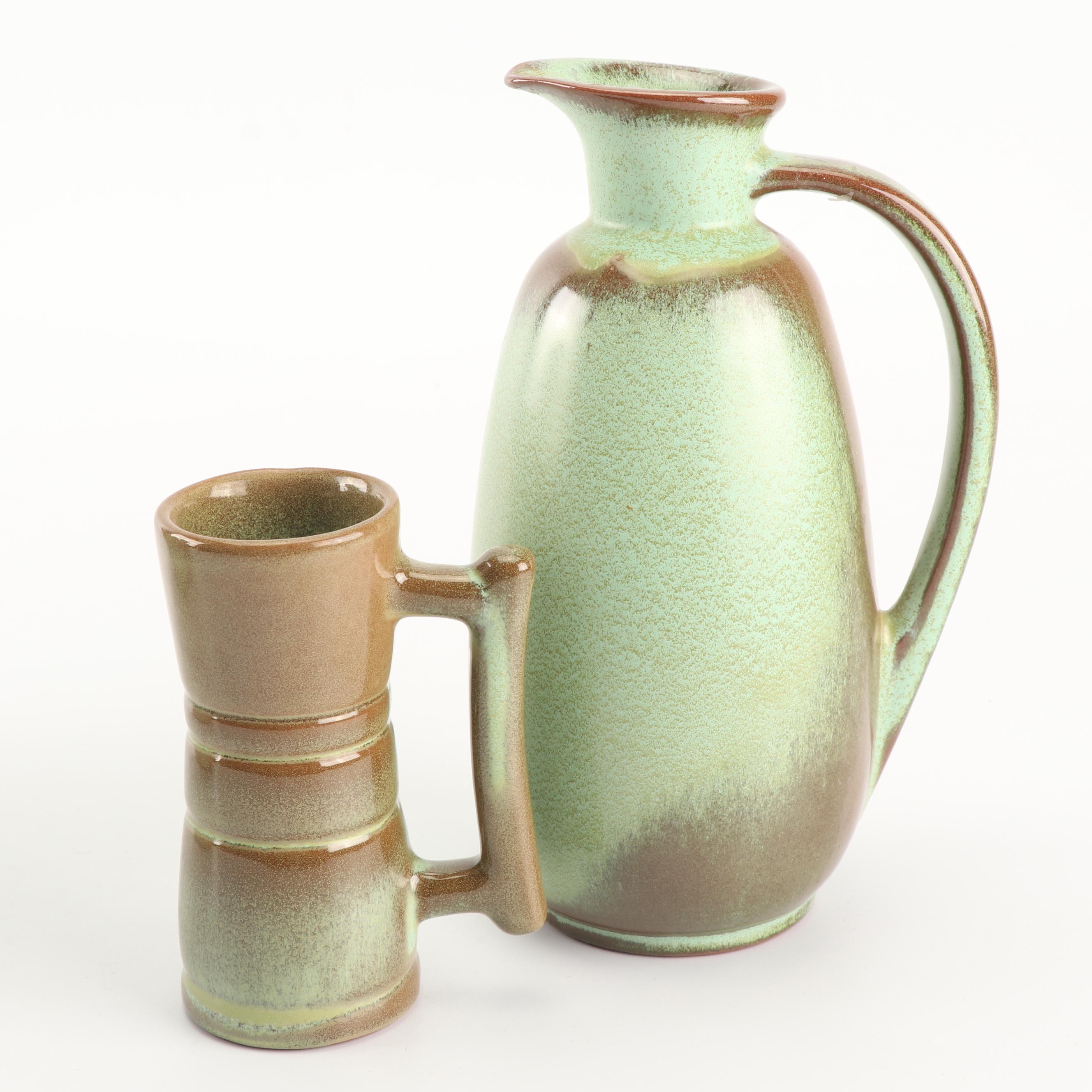 Frankoma Pottery "Prairie Green" Teapot, Pitcher, Cup, and Vase