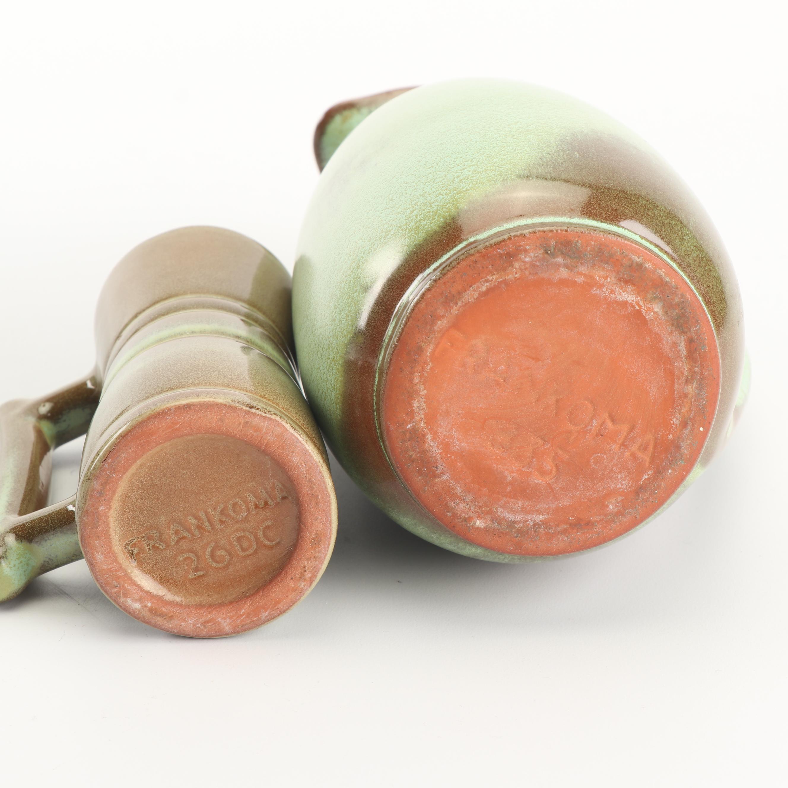 Frankoma Pottery "Prairie Green" Teapot, Pitcher, Cup, and Vase