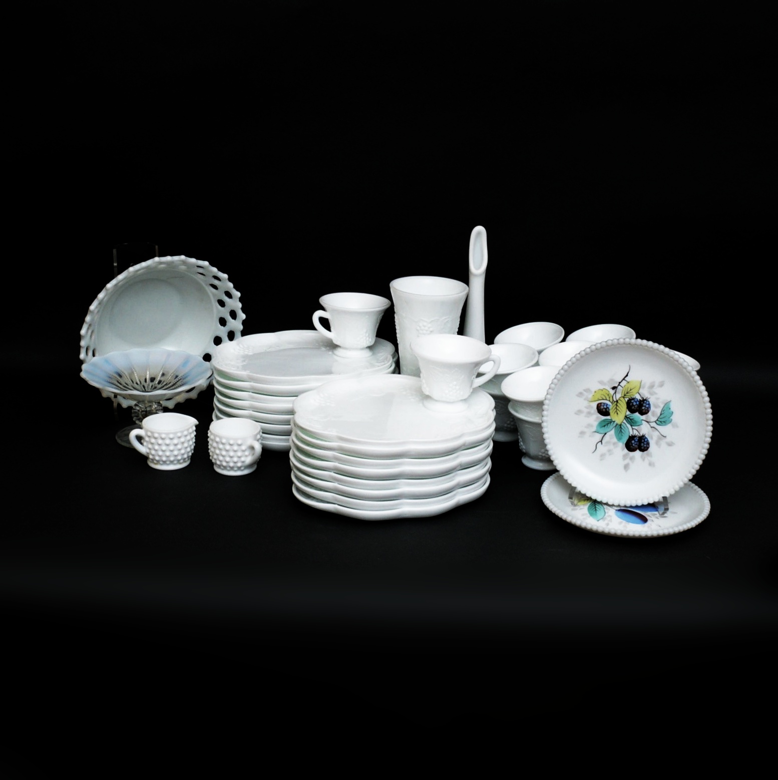Collection of Milk Glass Luncheon Plates and Cups