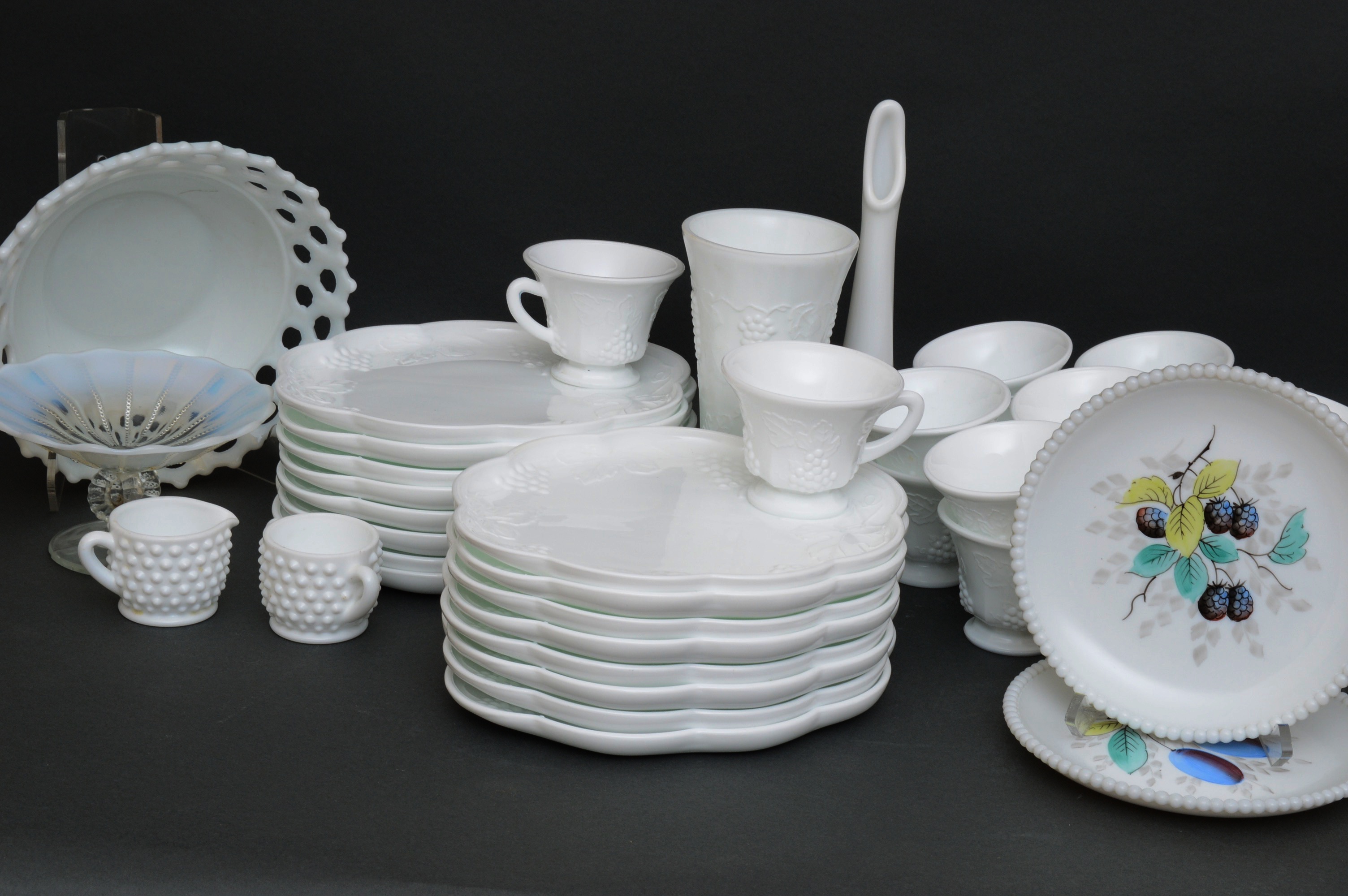 Collection of Milk Glass Luncheon Plates and Cups