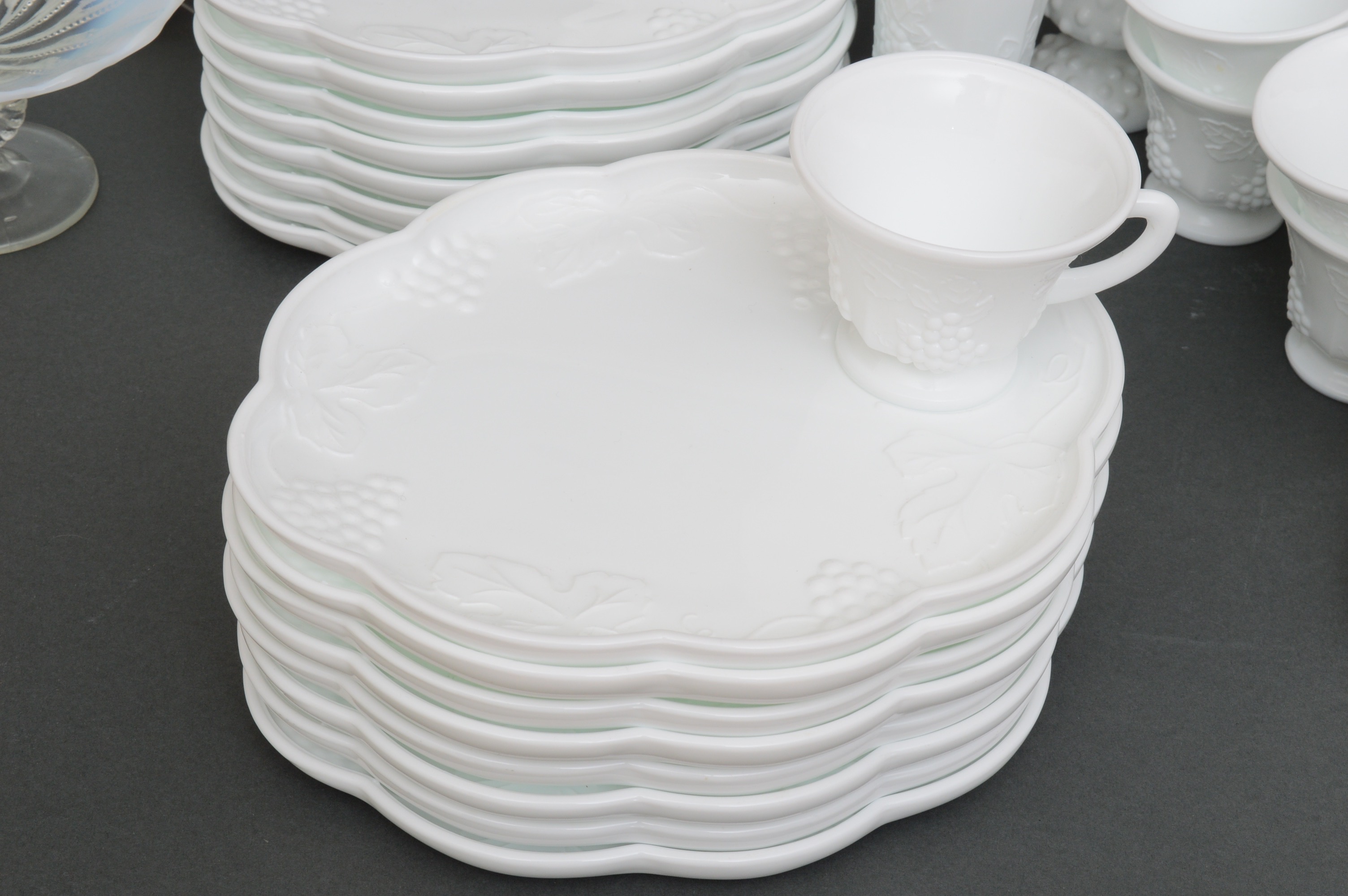 Collection of Milk Glass Luncheon Plates and Cups