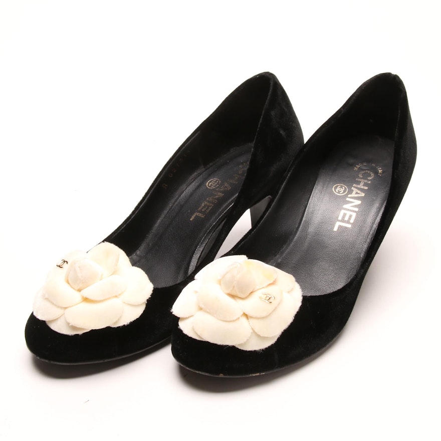 Chanel Black Velvet and Rosette Pumps