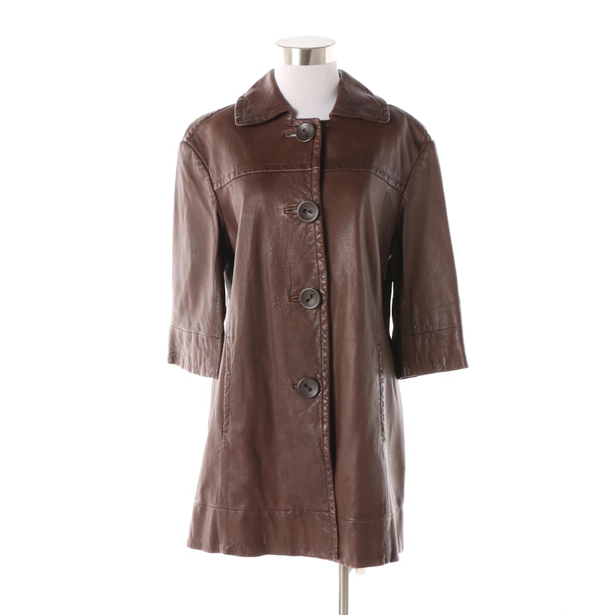 Vince Brown Leather Three-Quarter Length Sleeve Coat