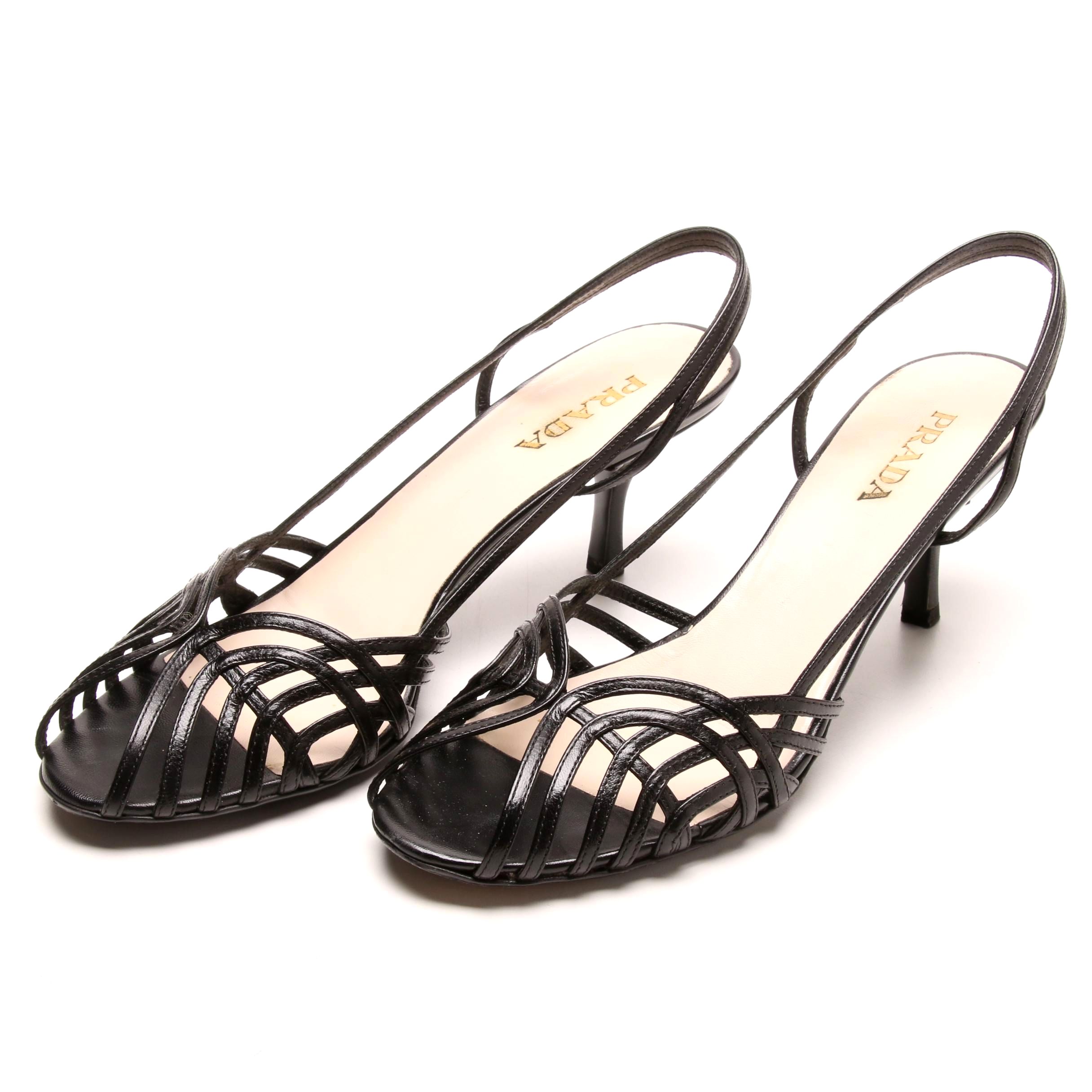 Prada Black Leather Slingback Heeled Sandals