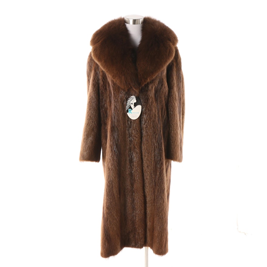 Women's Vintage Beaver Fur Dress Coat with Fox Fur Collar