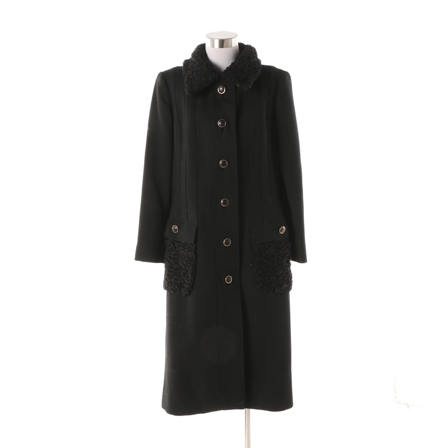 Circa 1970s Stegari Black Wool Dress Coat with Persian Lamb Fur Accents