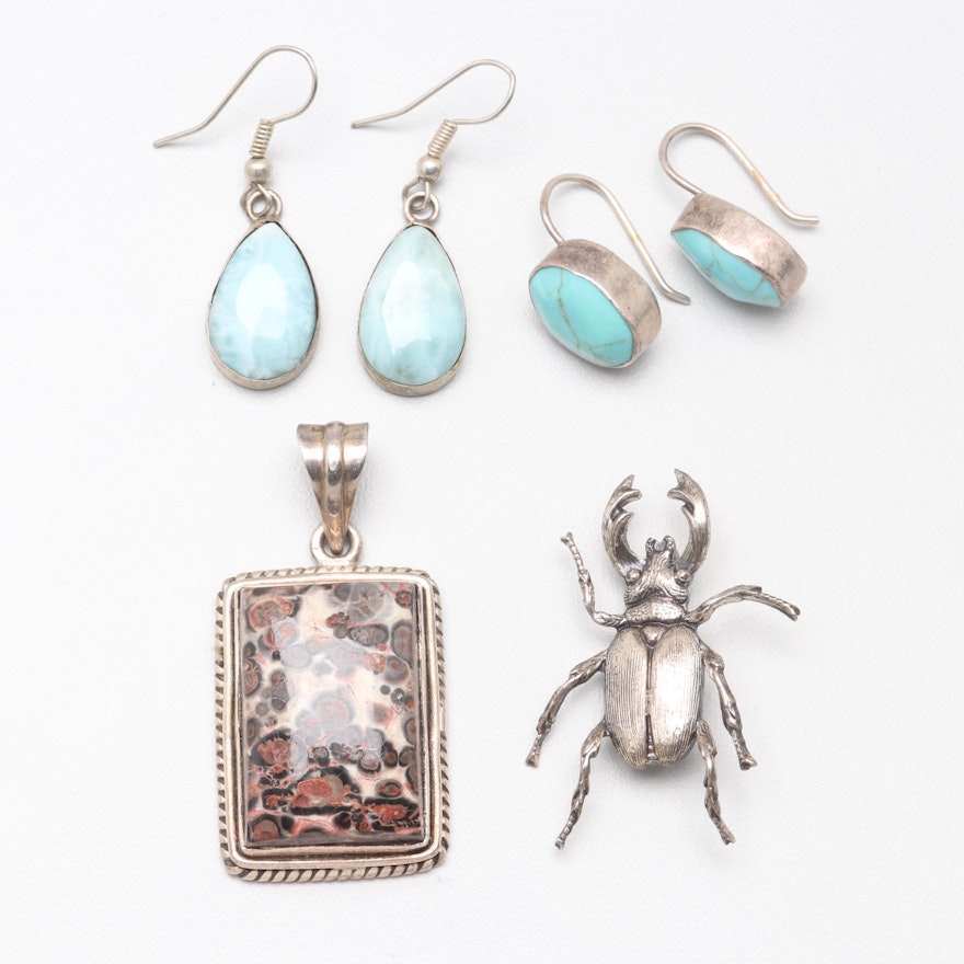 Sterling Silver Jasper, Larimar and Dyed Howlite Earrings, Pendant and Brooch