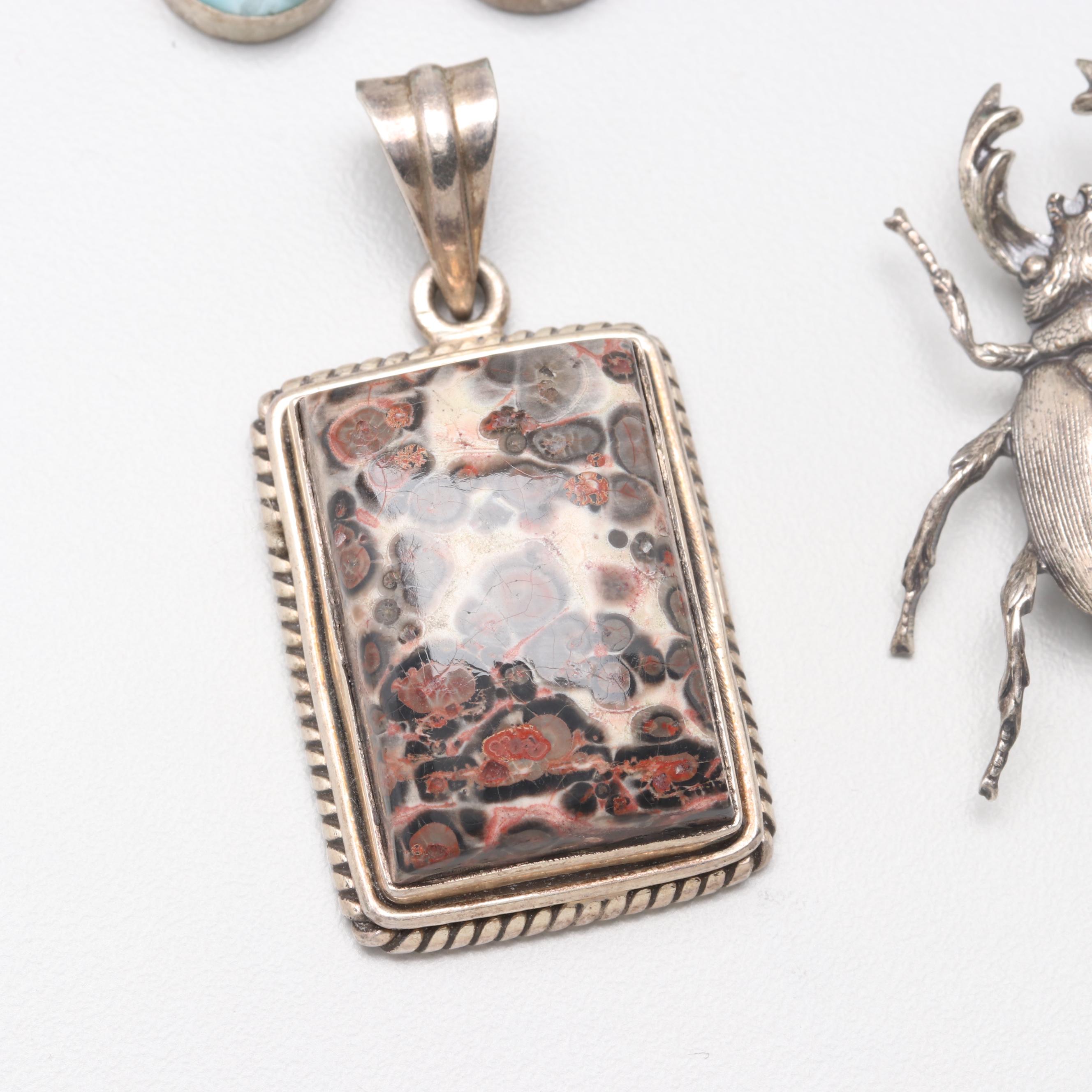 Sterling Silver Jasper, Larimar and Dyed Howlite Earrings, Pendant and Brooch