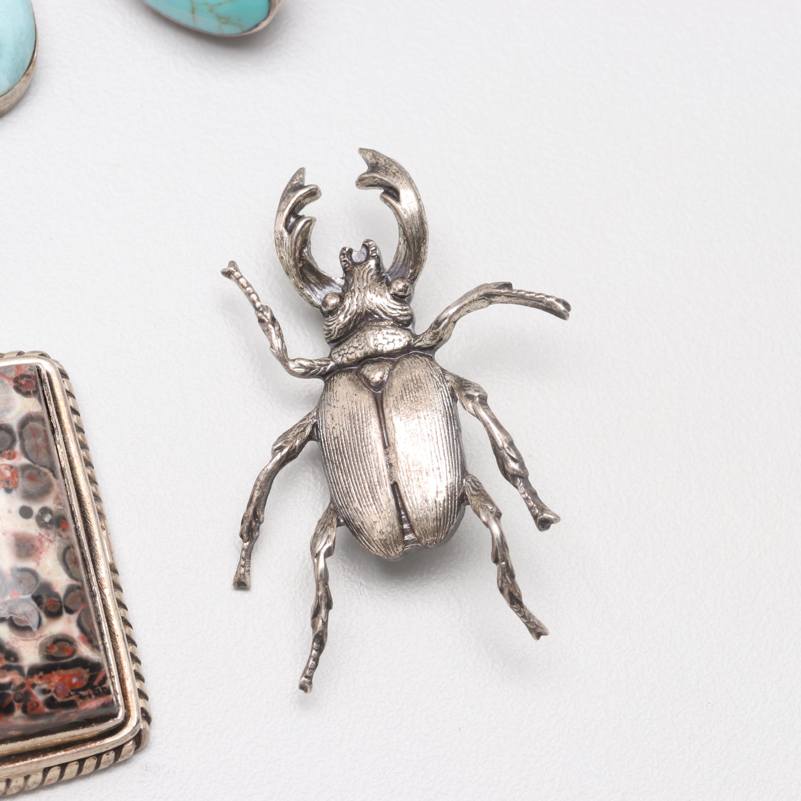 Sterling Silver Jasper, Larimar and Dyed Howlite Earrings, Pendant and Brooch