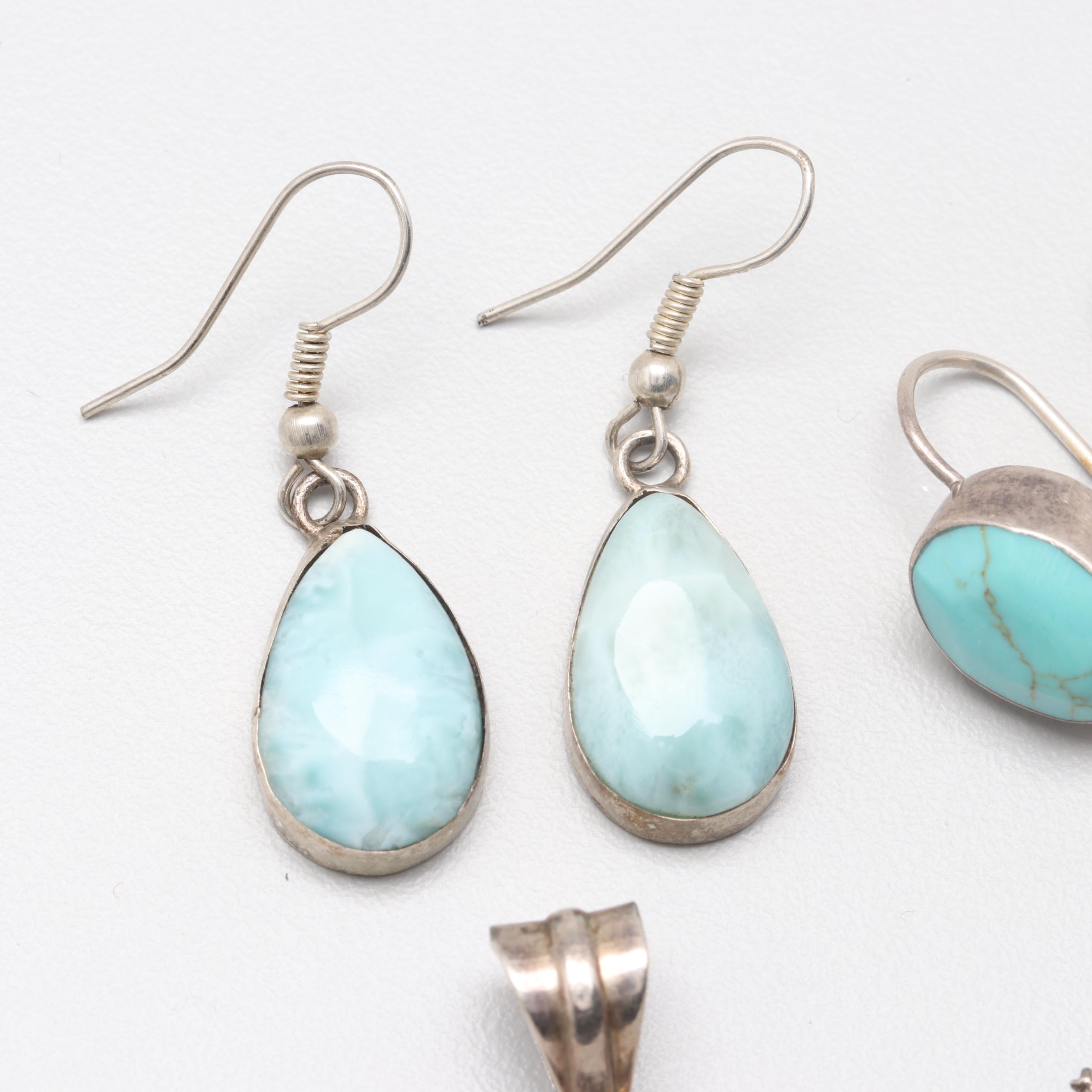 Sterling Silver Jasper, Larimar and Dyed Howlite Earrings, Pendant and Brooch