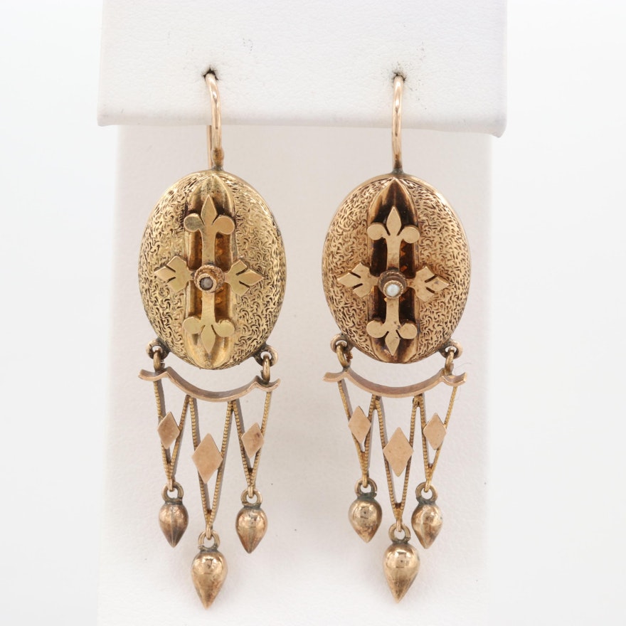 Victorian Etruscan Revival 10K Yellow Gold Seed Pearl Earrings