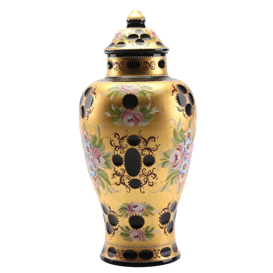 Bohemian Style Hand-Painted Glass Urn