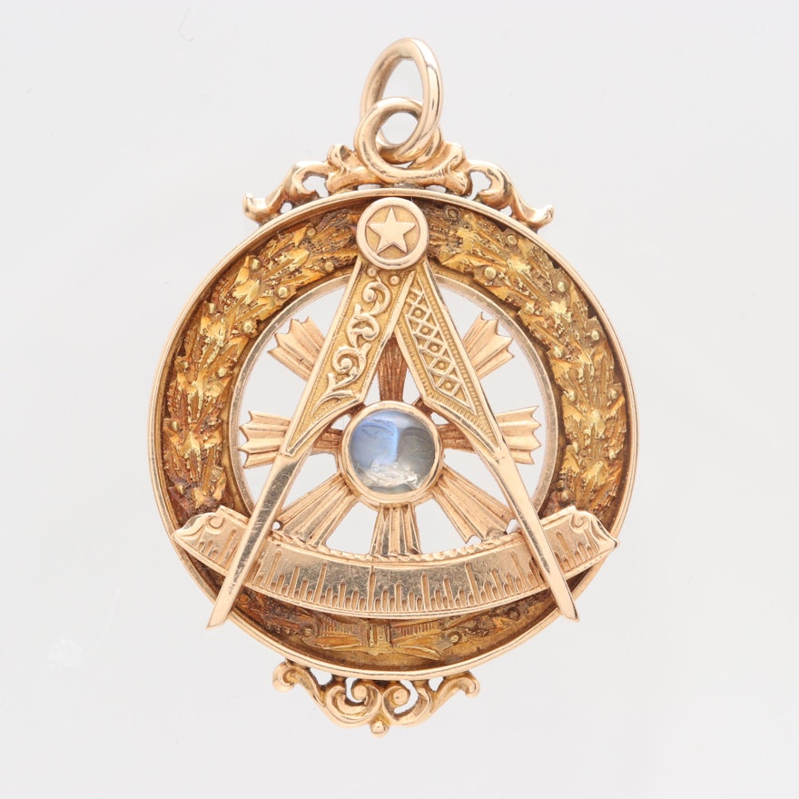 Antique 14K Yellow Gold Rainbow Moonstone Masonic Pendant
