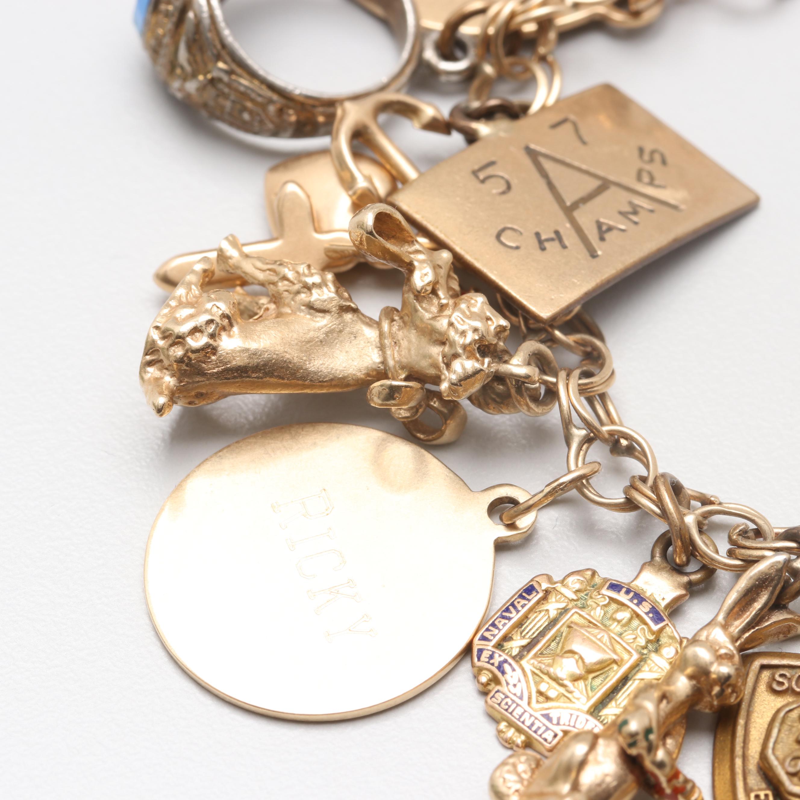 14K Yellow Gold Charm Bracelet with 14K, 10K Yellow Gold and Gold Tone Charms