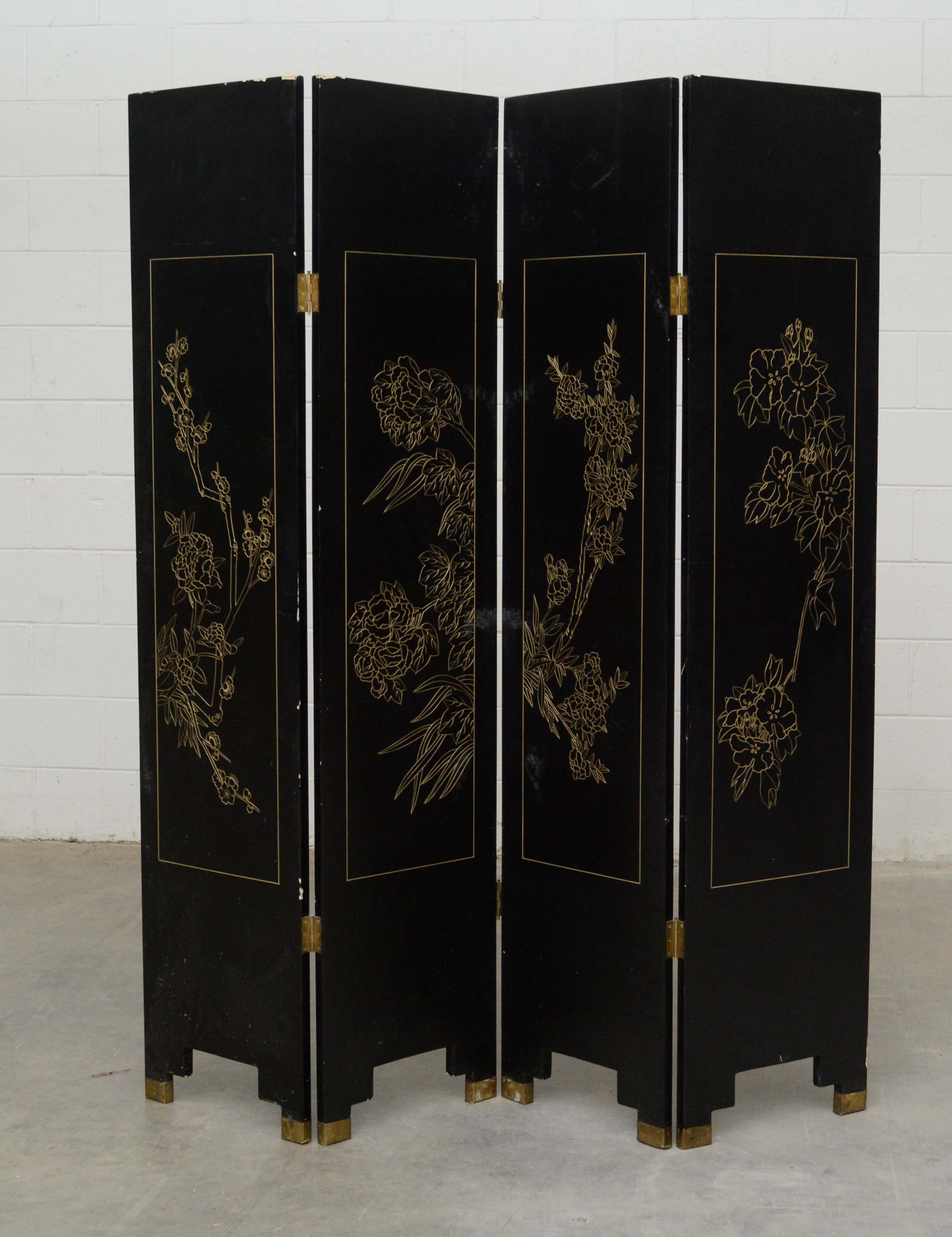 Chinese Black Lacquer and Paint-Decorated Four-Panel Screen, 20th Century